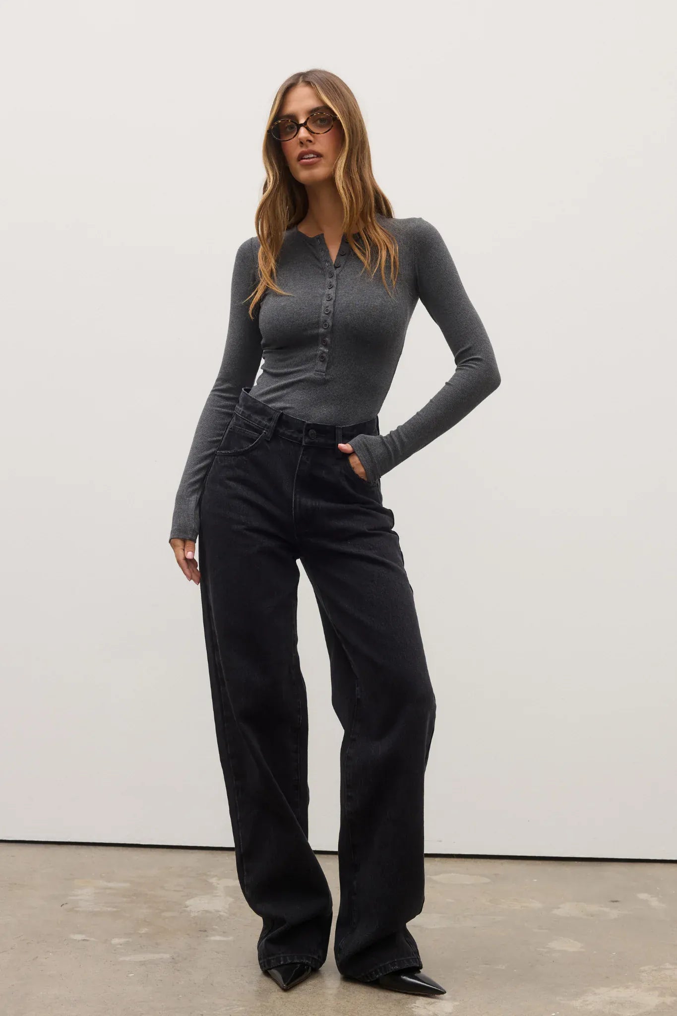 Bayse Brand Tops - Long Sleeve Lara Bodysuit - Dark Heather Grey