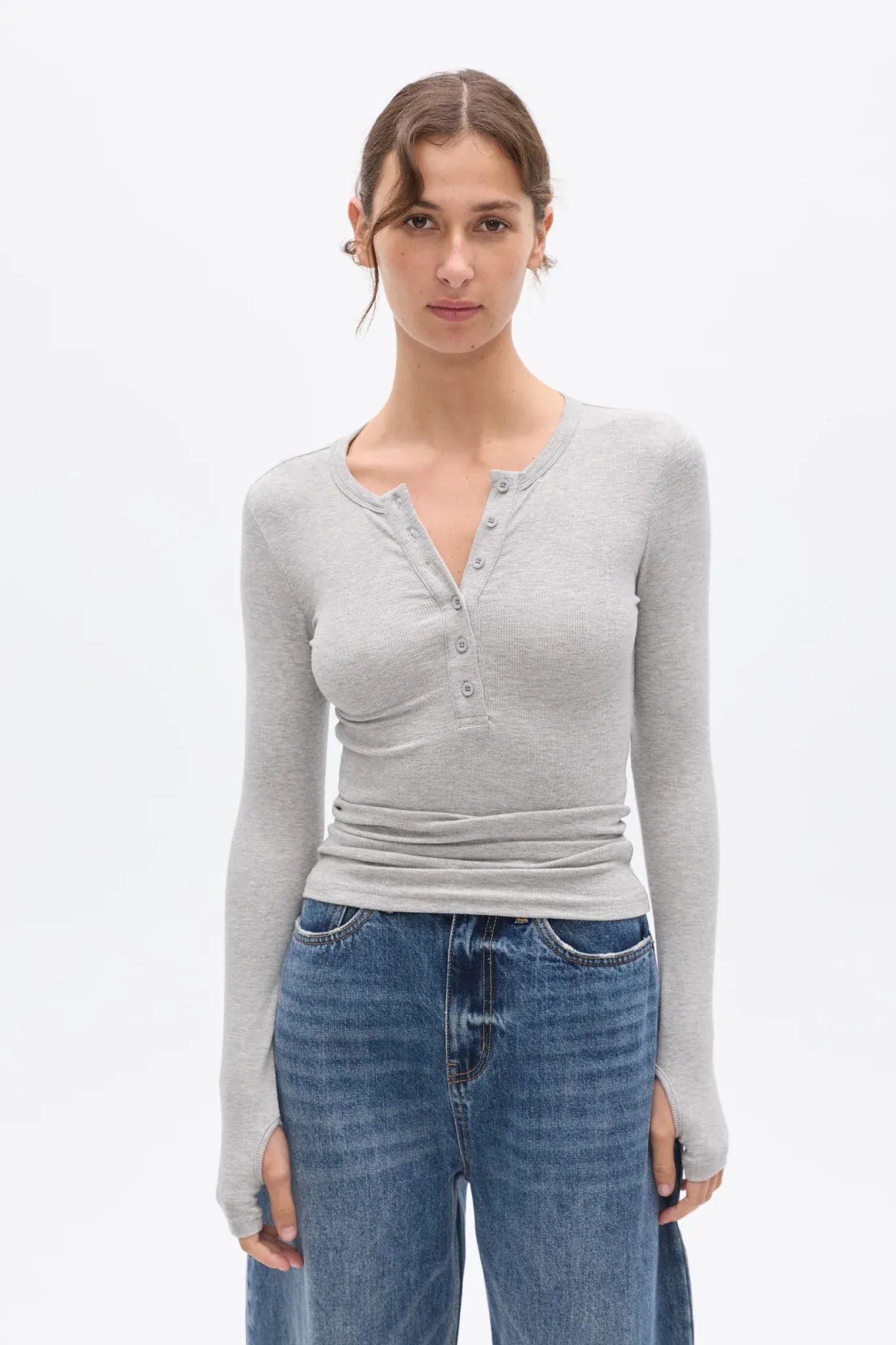 Bayse Brand Tops - Long Sleeve Piper Henley Top - Grey Marle