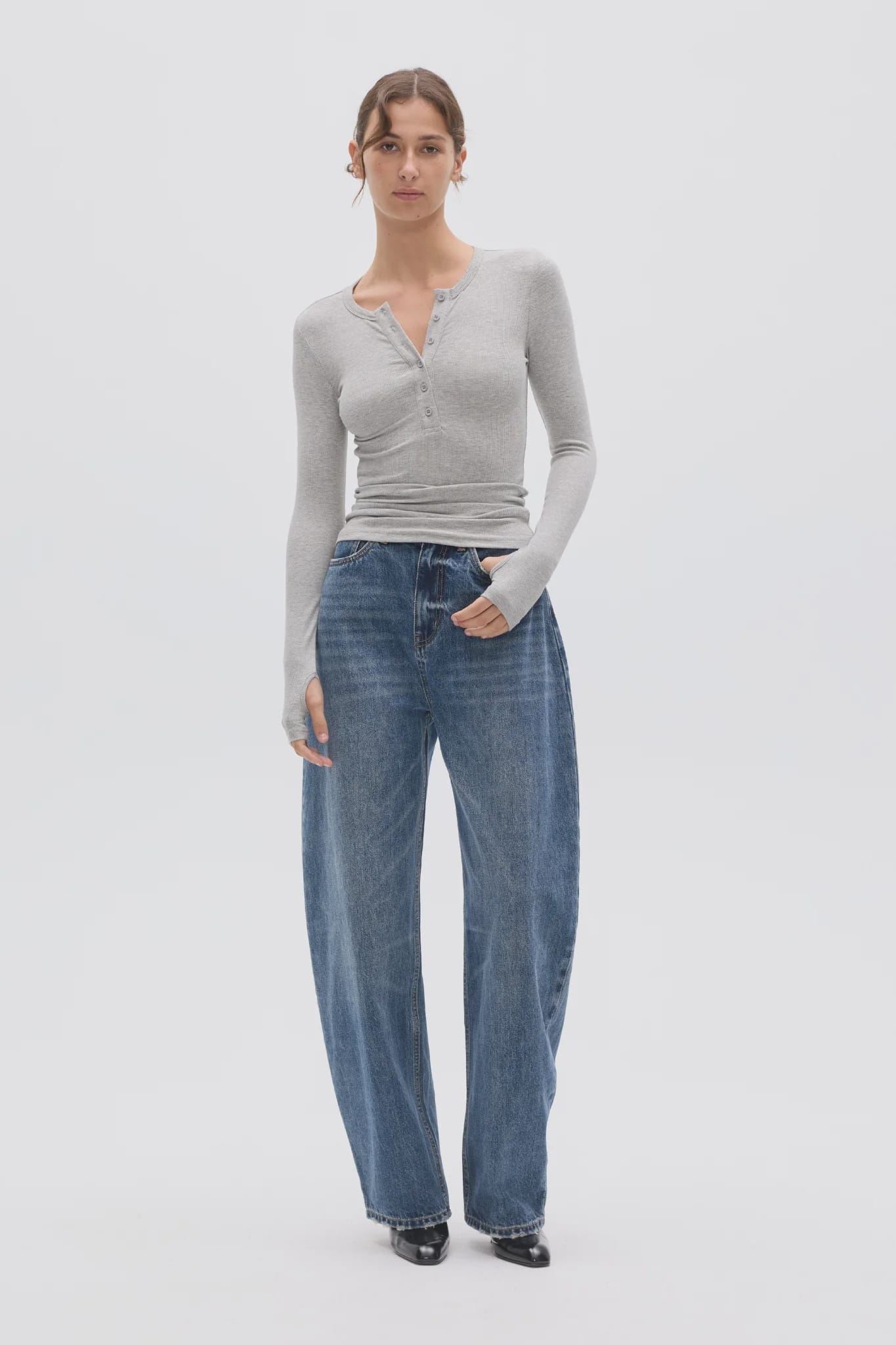 Bayse Brand Tops - Long Sleeve Piper Henley Top - Grey Marle