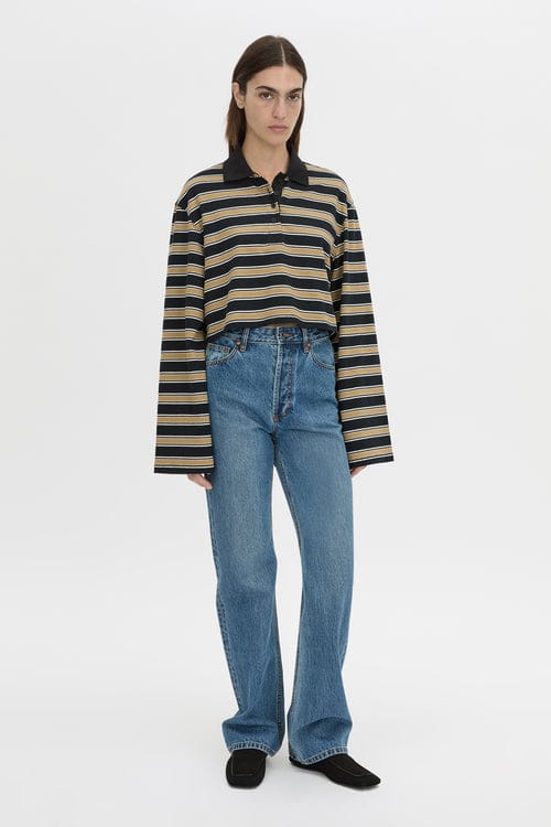 Camilla & Marc Tops - Long Sleeve Liat Stripe Crop Polo Top - Navy Stripe