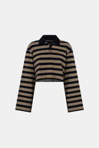 Camilla & Marc Tops - Long Sleeve Liat Stripe Crop Polo Top - Navy Stripe