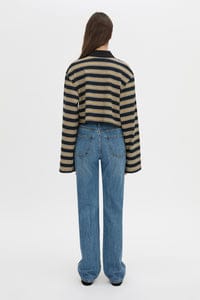 Camilla & Marc Tops - Long Sleeve Liat Stripe Crop Polo Top - Navy Stripe