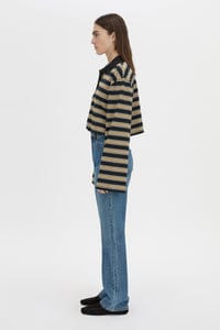 Camilla & Marc Tops - Long Sleeve Liat Stripe Crop Polo Top - Navy Stripe