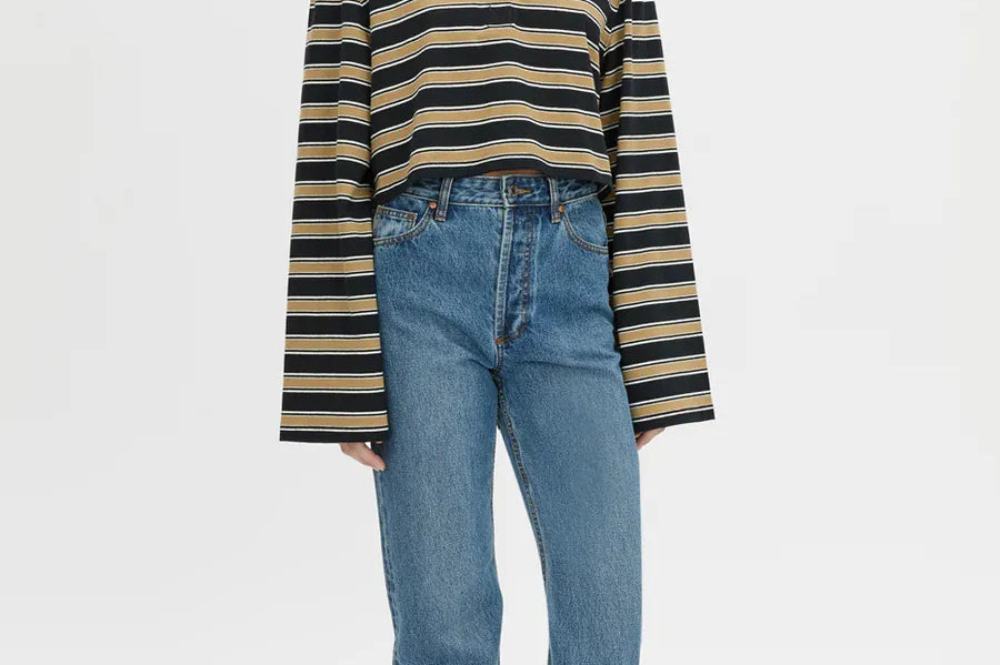 Camilla & Marc Tops - Long Sleeve Liat Stripe Crop Polo Top - Navy Stripe