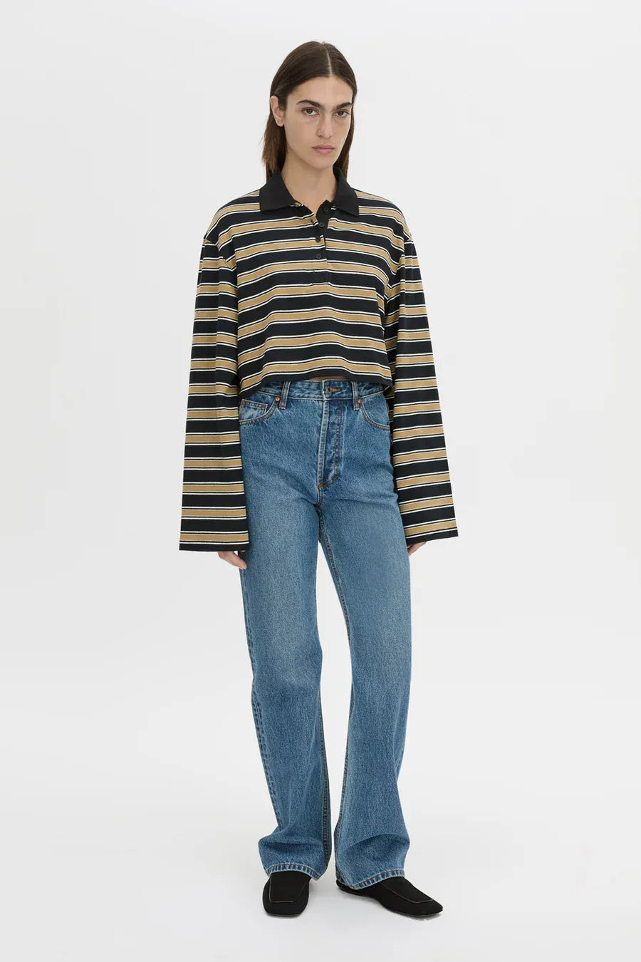 Camilla & Marc Tops - Long Sleeve Liat Stripe Crop Polo Top - Navy Stripe
