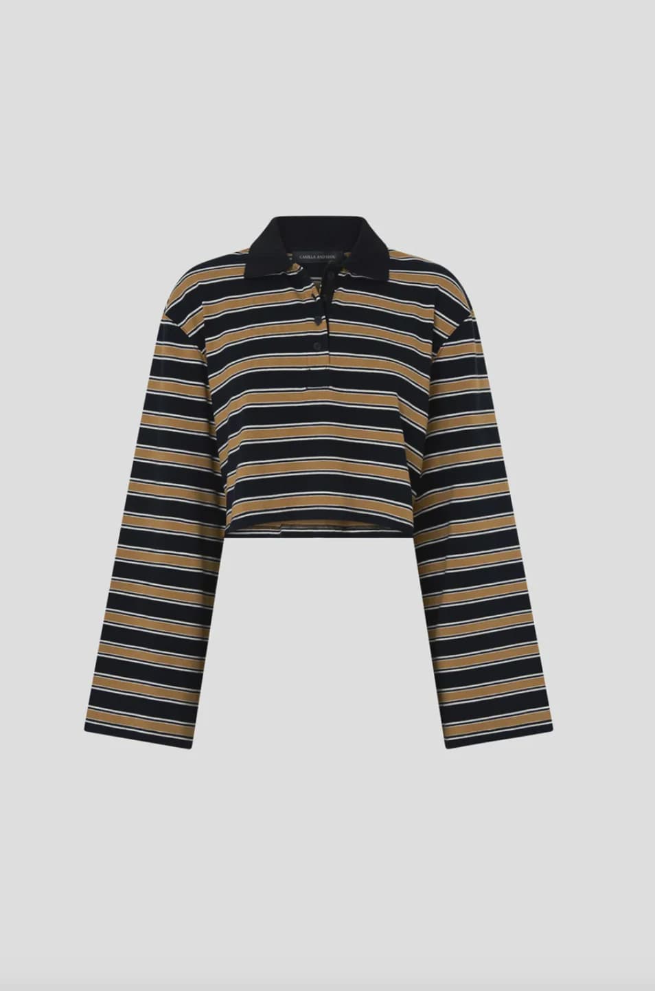 Camilla & Marc Tops - Long Sleeve Liat Stripe Crop Polo Top - Navy Stripe
