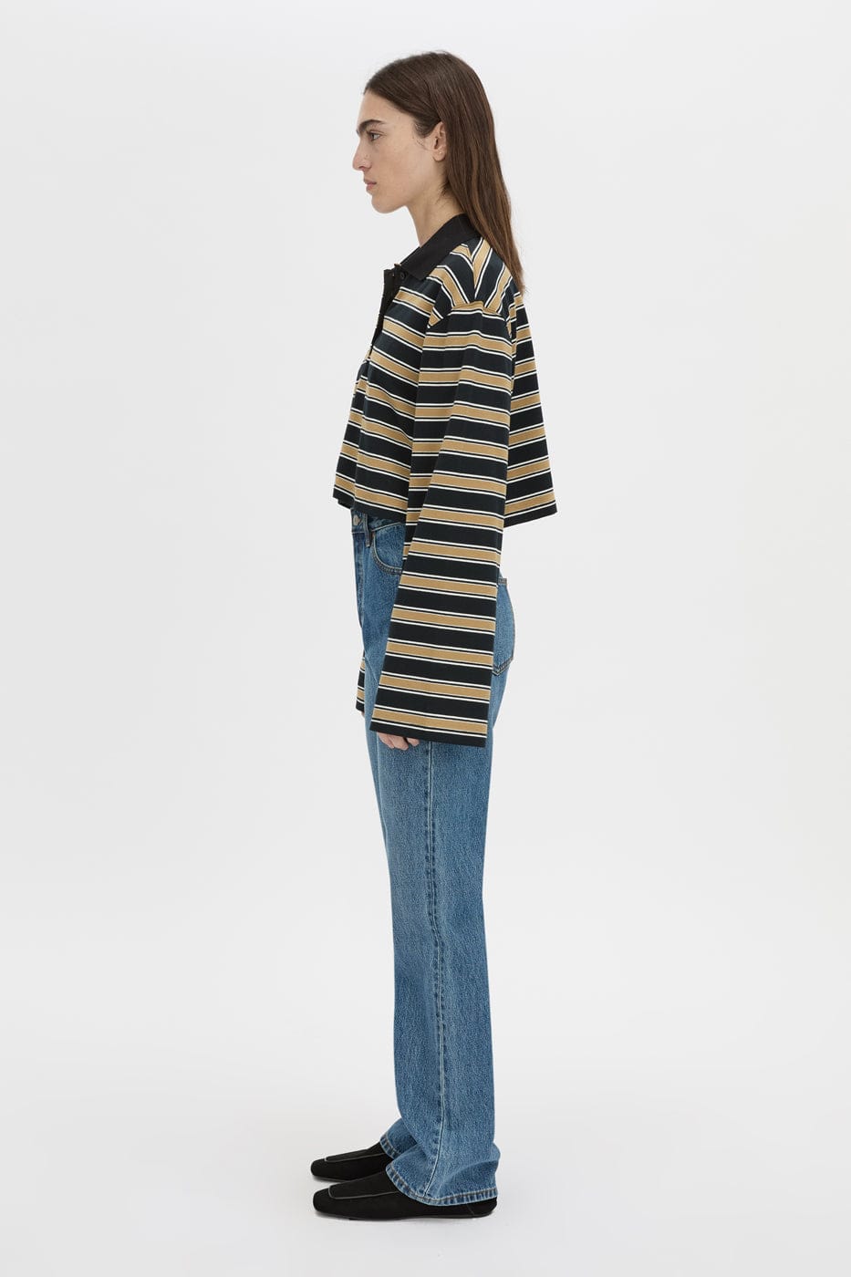 Camilla & Marc Tops - Long Sleeve Liat Stripe Crop Polo Top - Navy Stripe