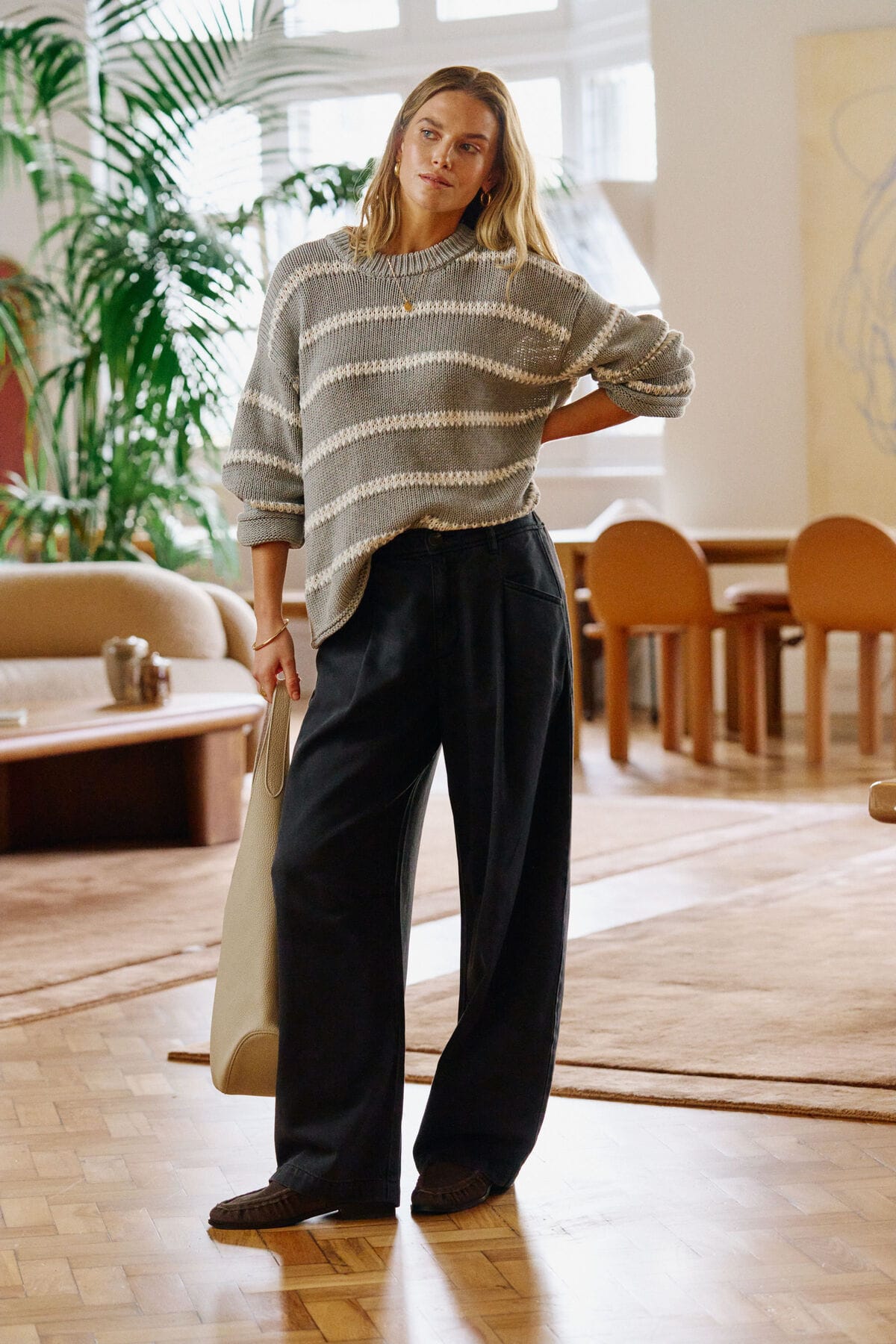 Ceres Life Knits Lila Oversized Knit Crew - Grey Marle Stripe