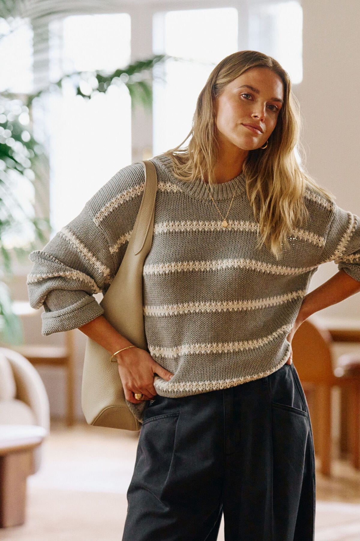 Ceres Life Knits Lila Oversized Knit Crew - Grey Marle Stripe