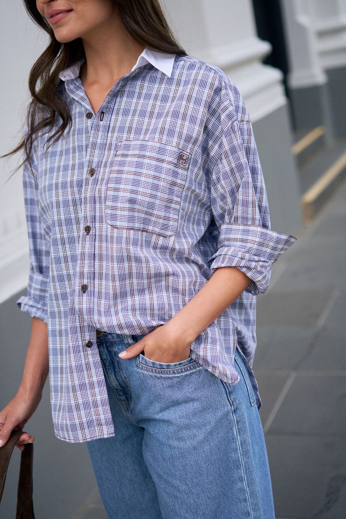 Ceres Life Shirts - Casual Peta Oversized Check Shirt - Blue /Chocolate Check