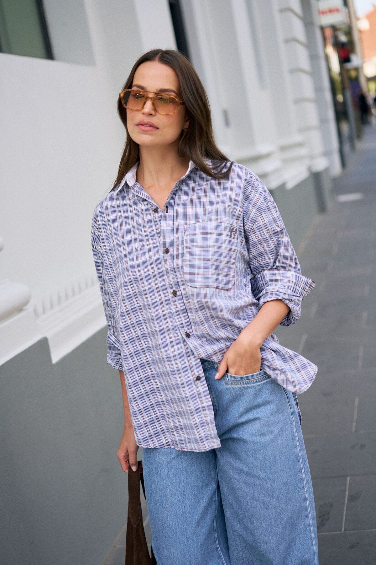 Ceres Life Shirts - Casual Peta Oversized Check Shirt - Blue /Chocolate Check