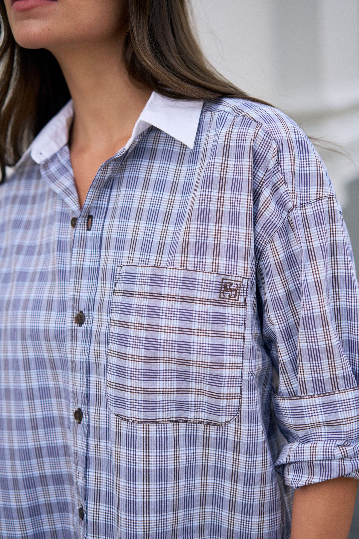 Ceres Life Shirts - Casual Peta Oversized Check Shirt - Blue /Chocolate Check