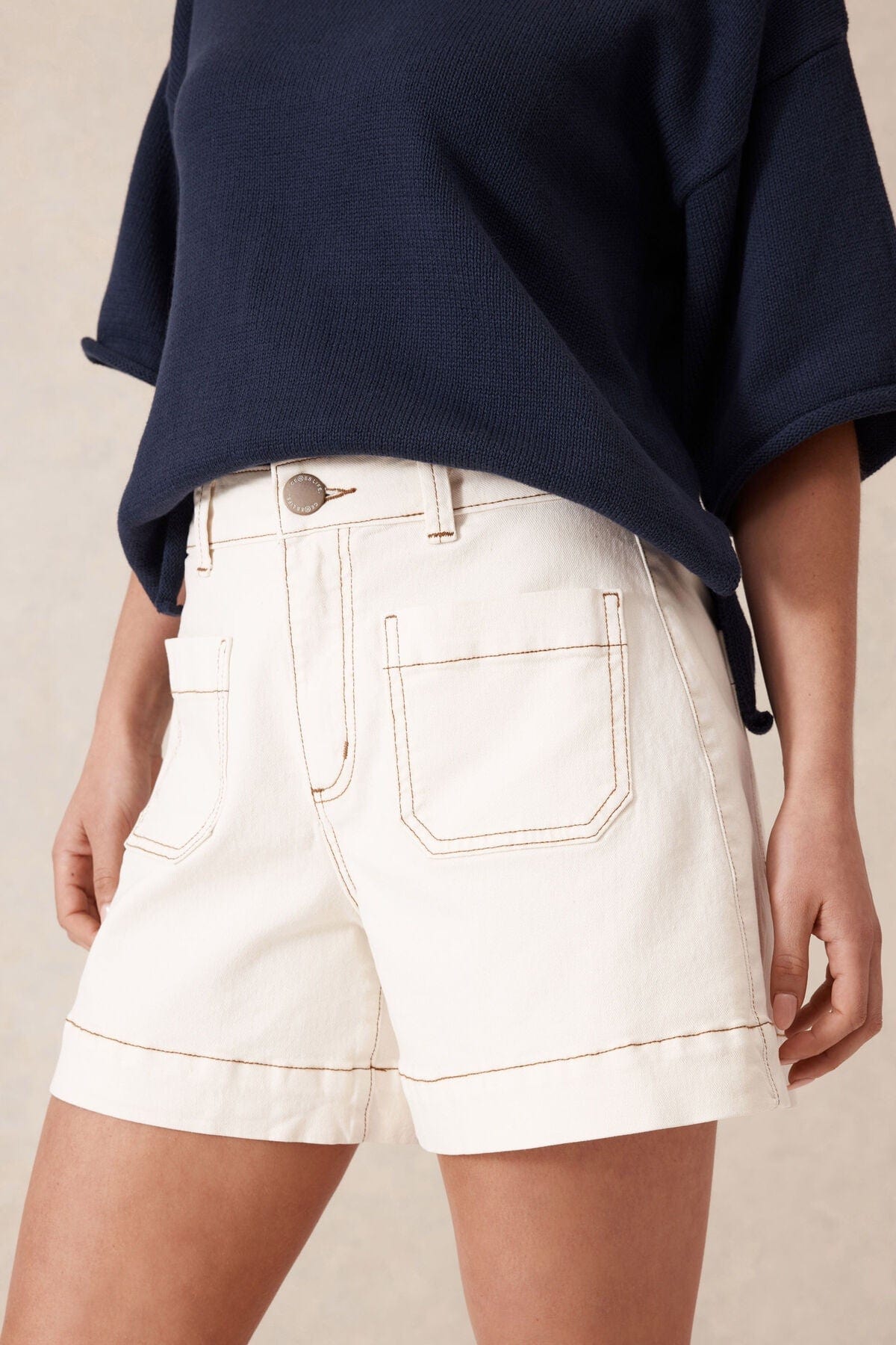 Ceres Life Shorts Esther Denim Patch Pocket Short - Eggshell