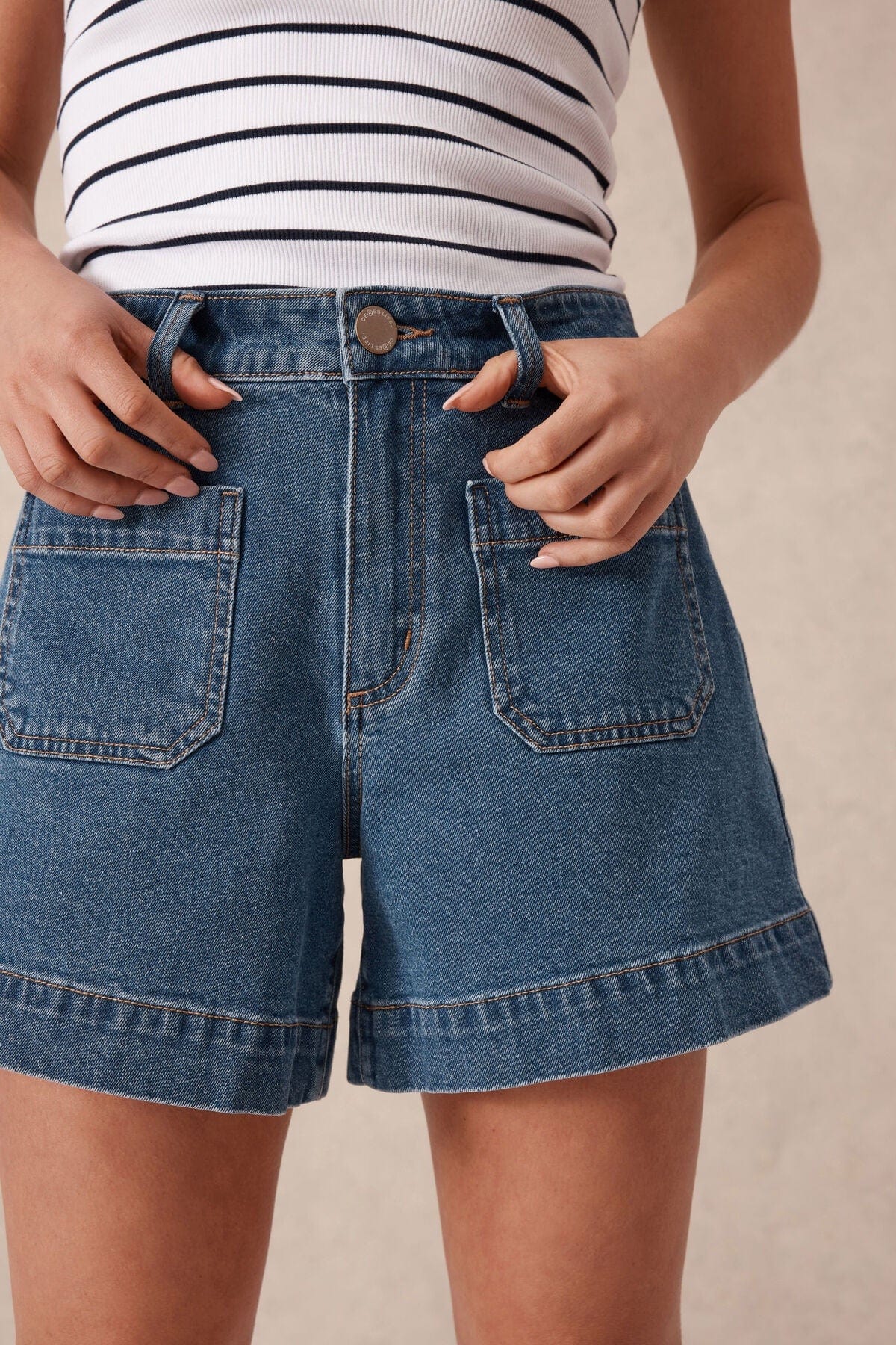 Ceres Life Shorts Esther Denim Patch Pocket Short - Fresh Indigo