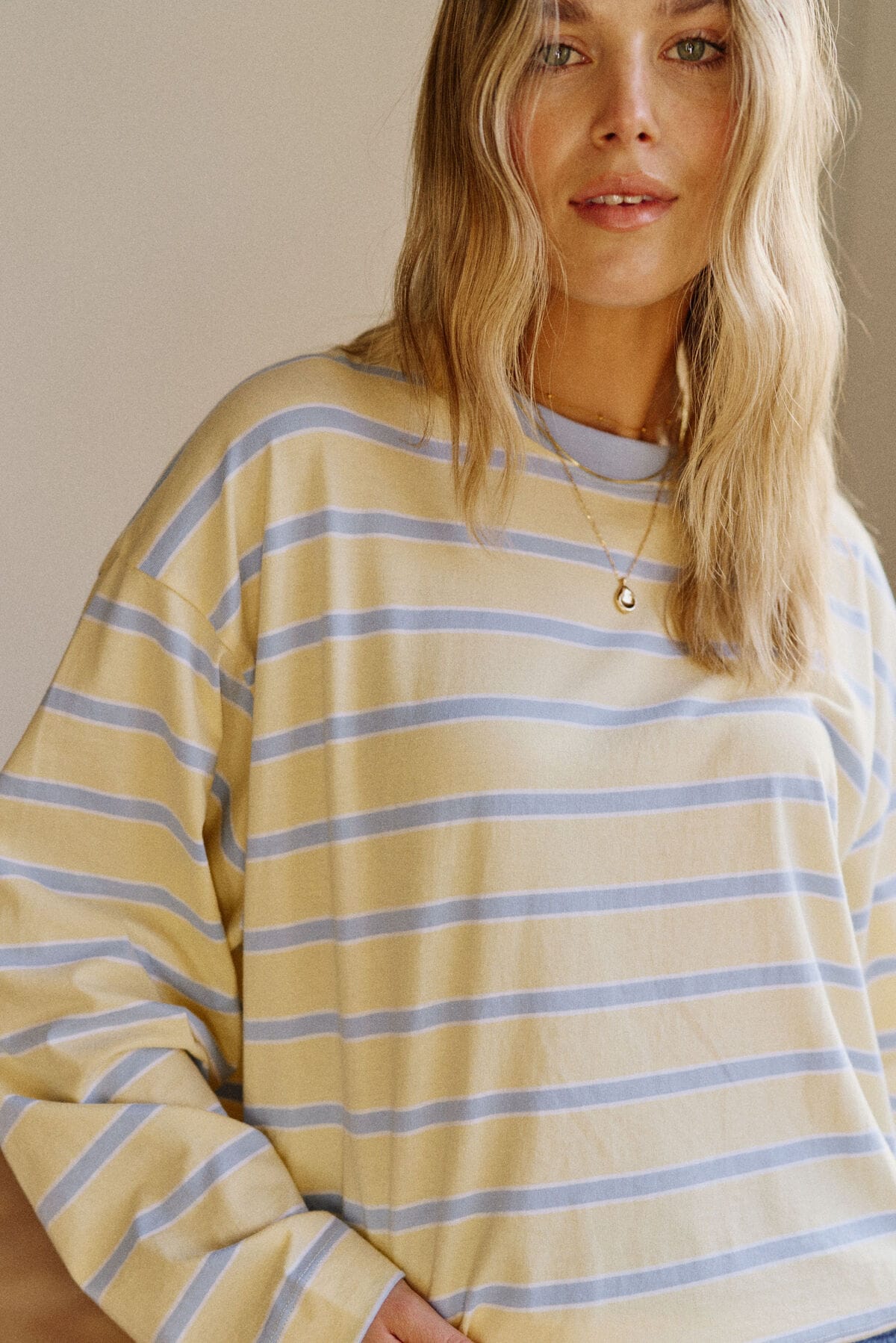Ceres Life Tops - Long Sleeve Beau Long Sleeve Slouchy Tee - Butter / China Blue