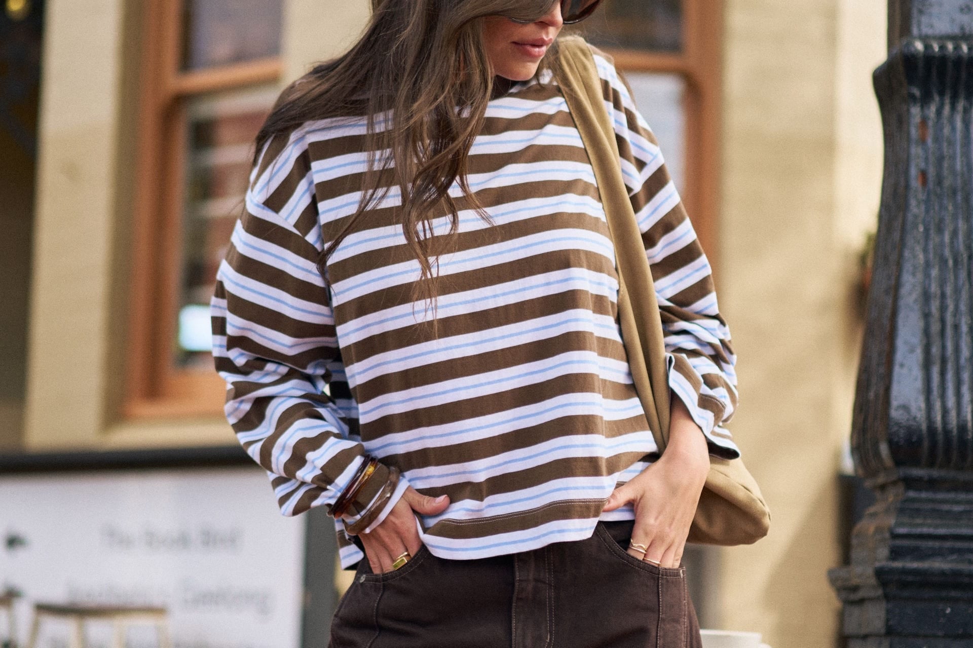 Ceres Life Tops - Long Sleeve Beau Long  Sleeve Slouchy Tee - Cocoa Sky Blue Stripe