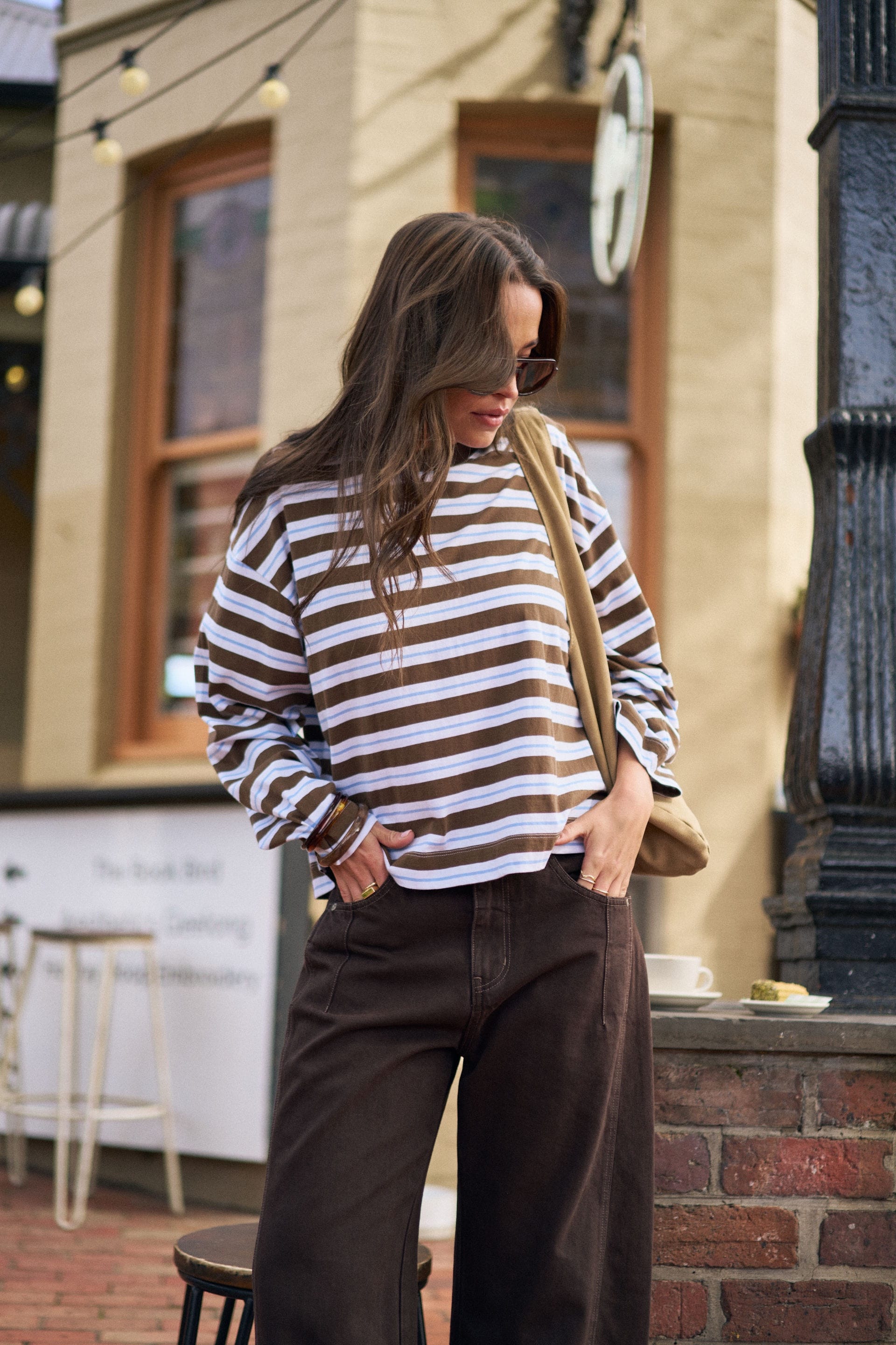 Ceres Life Tops - Long Sleeve Beau Long  Sleeve Slouchy Tee - Cocoa Sky Blue Stripe