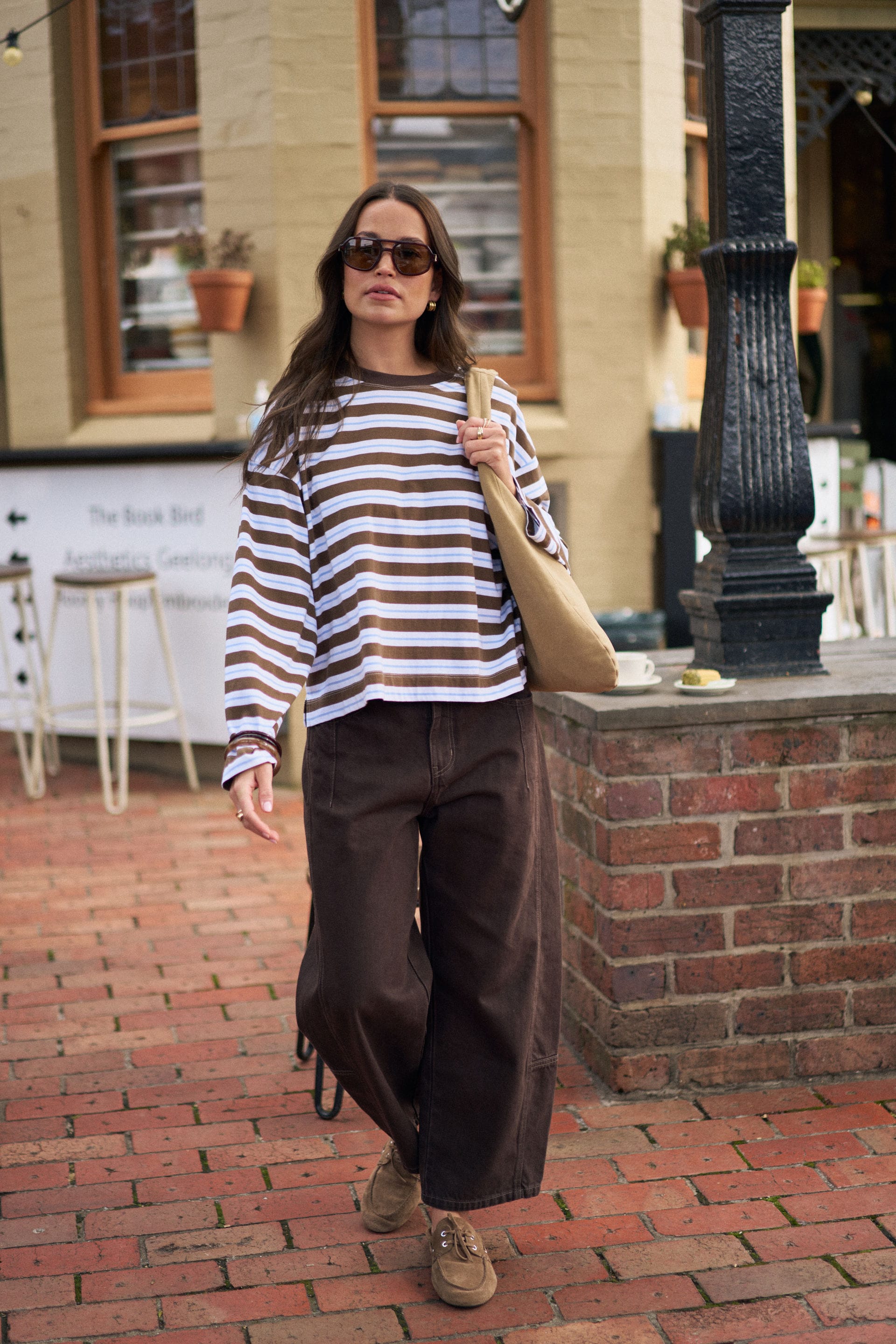 Ceres Life Tops - Long Sleeve Beau Long  Sleeve Slouchy Tee - Cocoa Sky Blue Stripe
