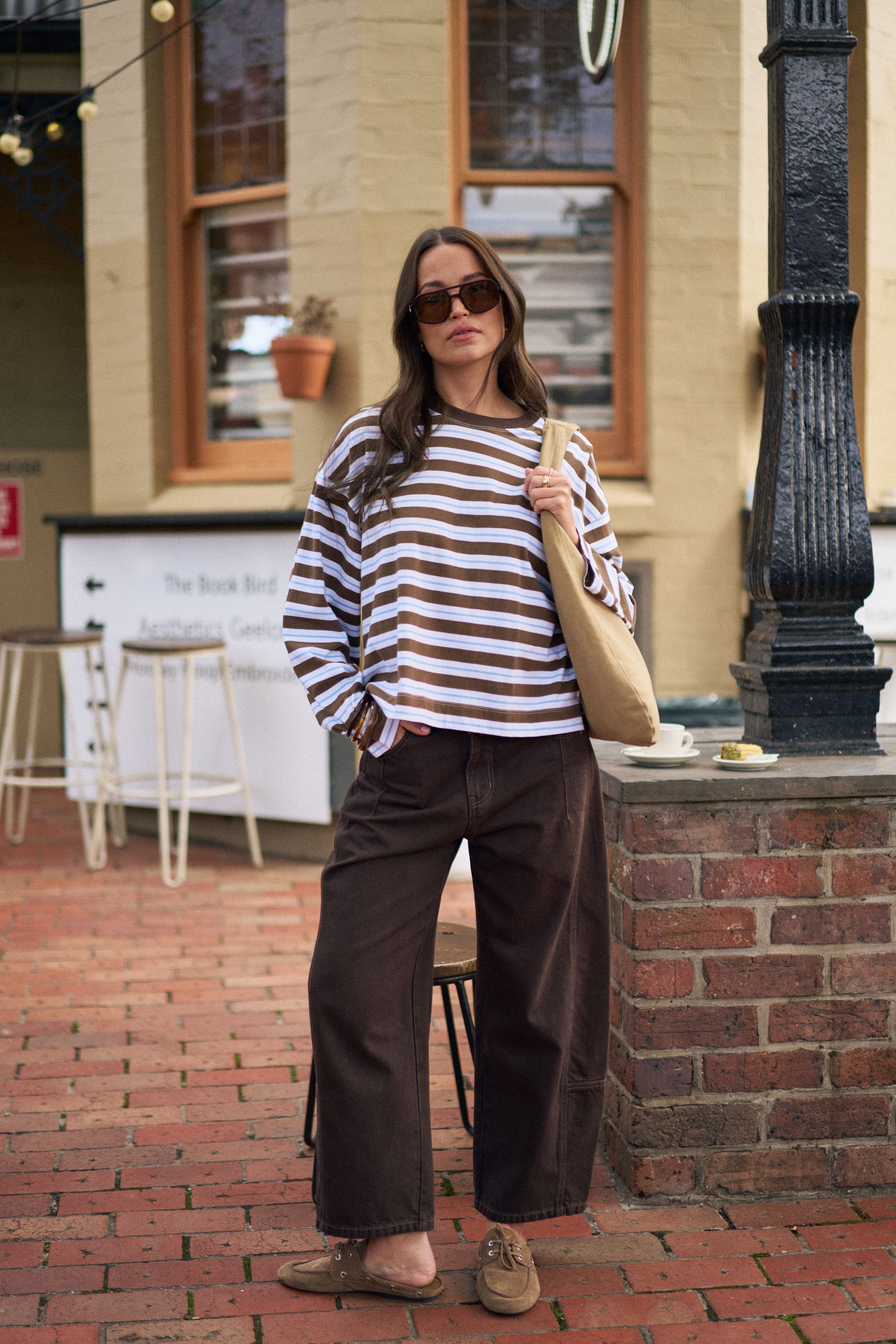 Ceres Life Tops - Long Sleeve Beau Long  Sleeve Slouchy Tee - Cocoa Sky Blue Stripe