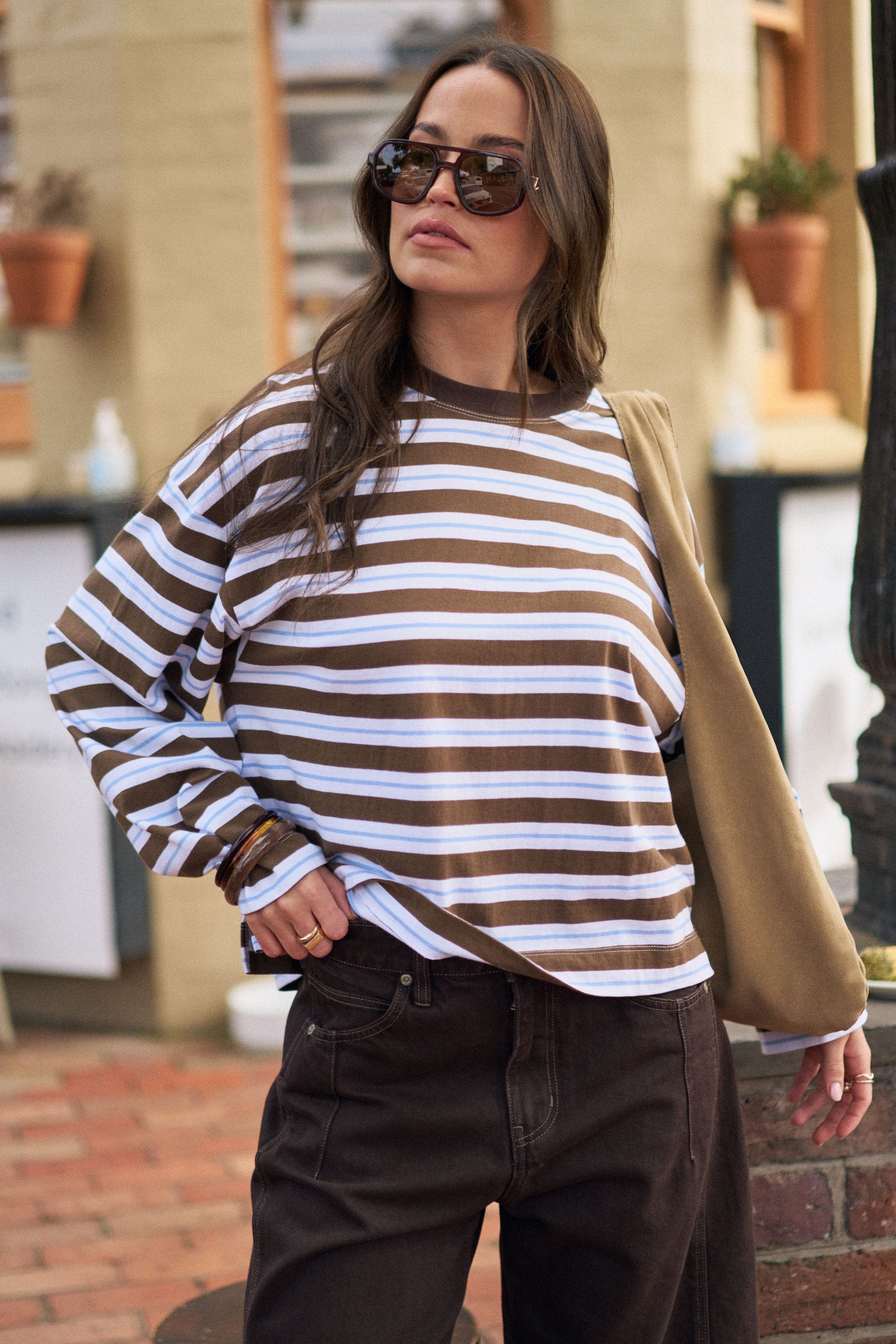 Ceres Life Tops - Long Sleeve Beau Long  Sleeve Slouchy Tee - Cocoa Sky Blue Stripe