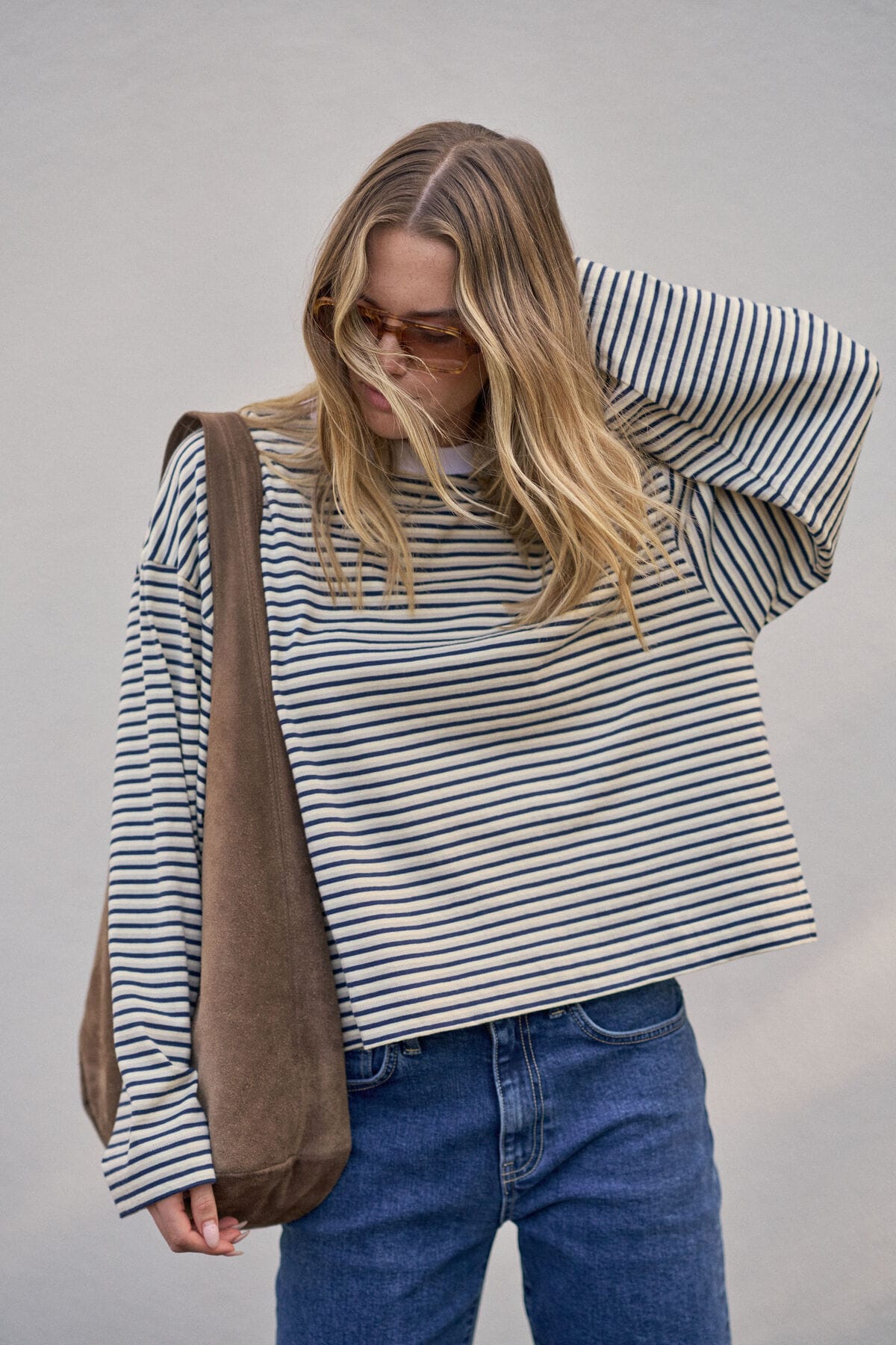 Ceres Life Tops - Long Sleeve Beau Long Sleeve Slouchy Tee - Heritage Navy/Butter/Stone Stripe