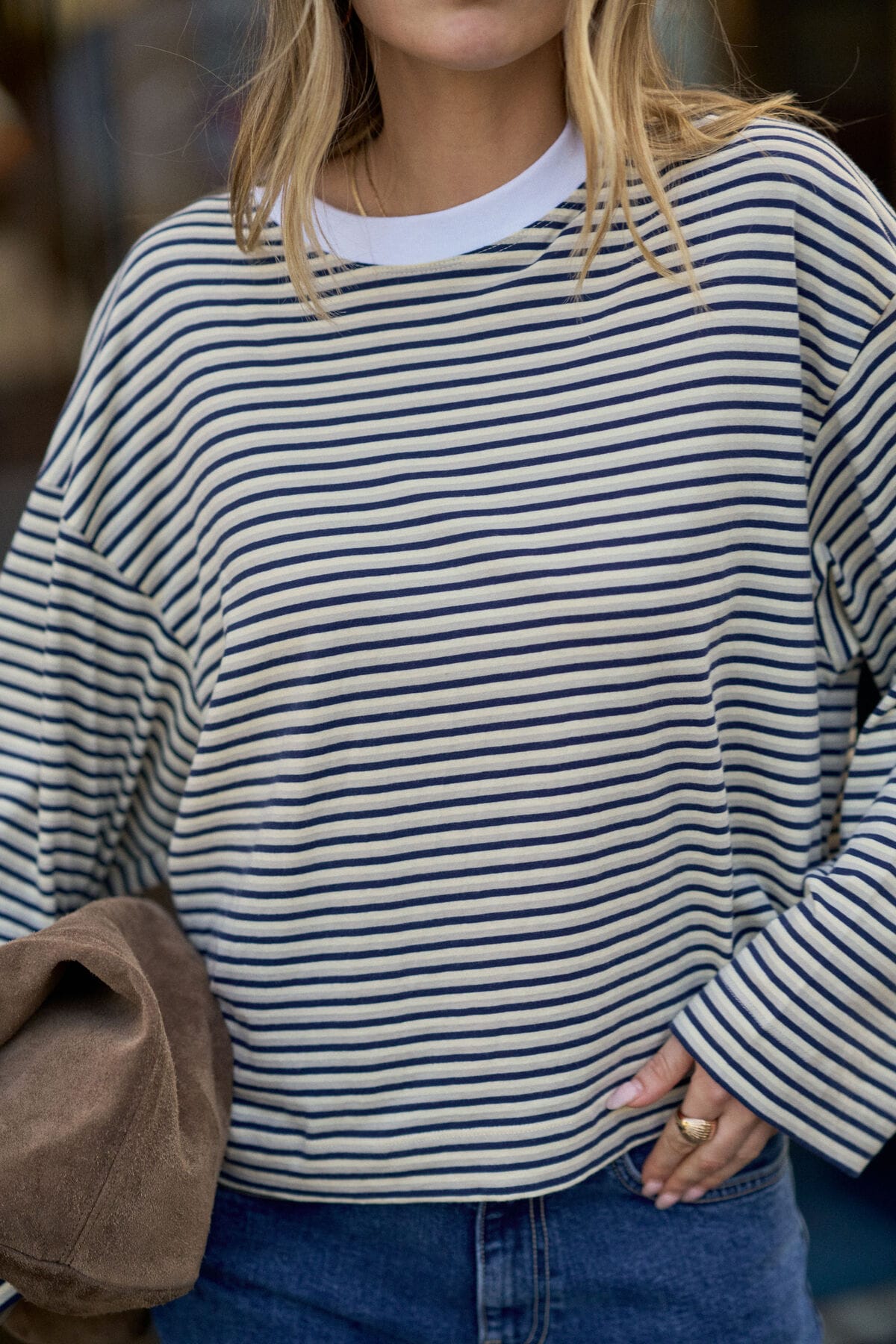 Ceres Life Tops - Long Sleeve Beau Long Sleeve Slouchy Tee - Heritage Navy/Butter/Stone Stripe