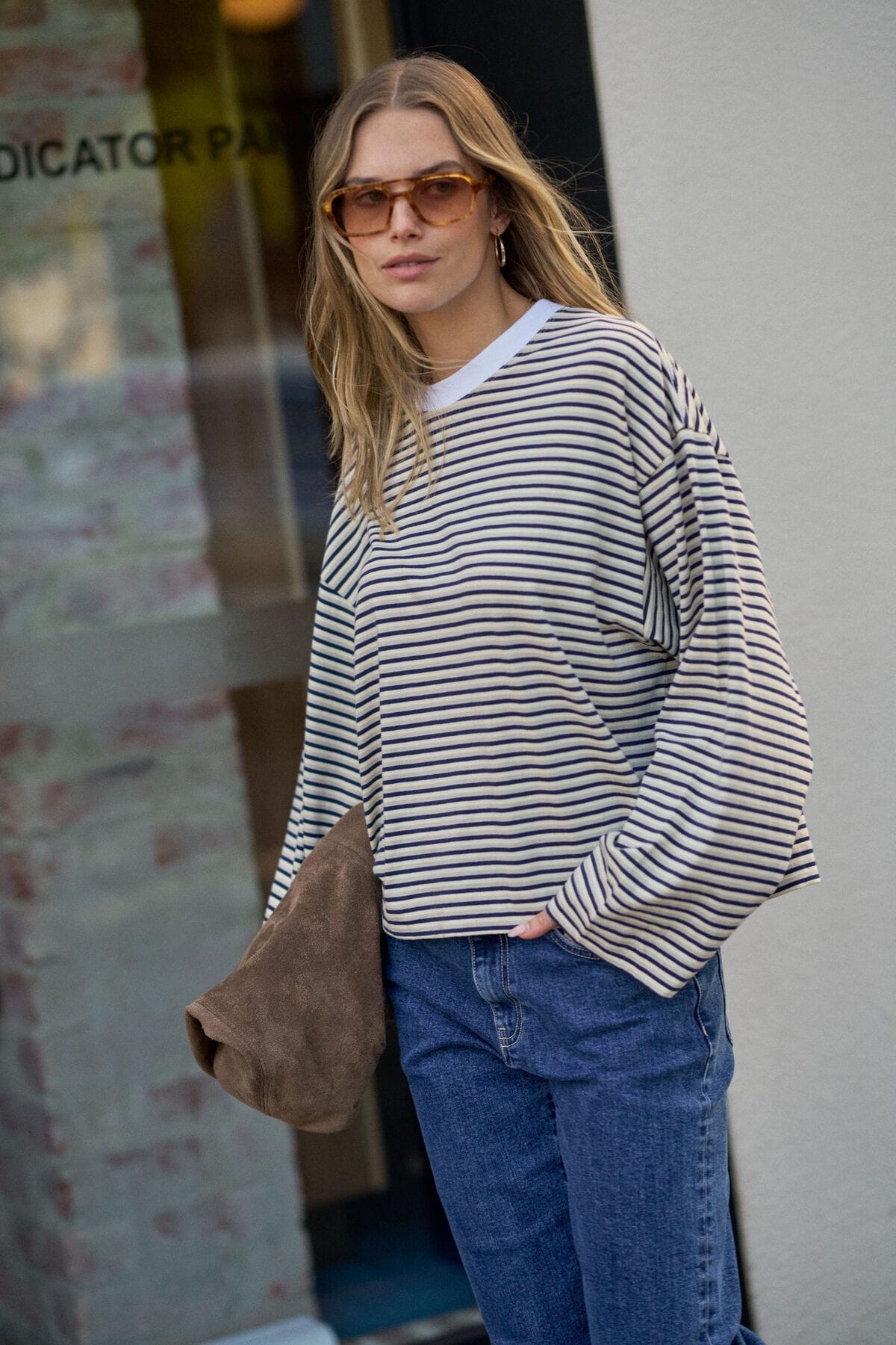 Ceres Life Tops - Long Sleeve Beau Long Sleeve Slouchy Tee - Heritage Navy/Butter/Stone Stripe