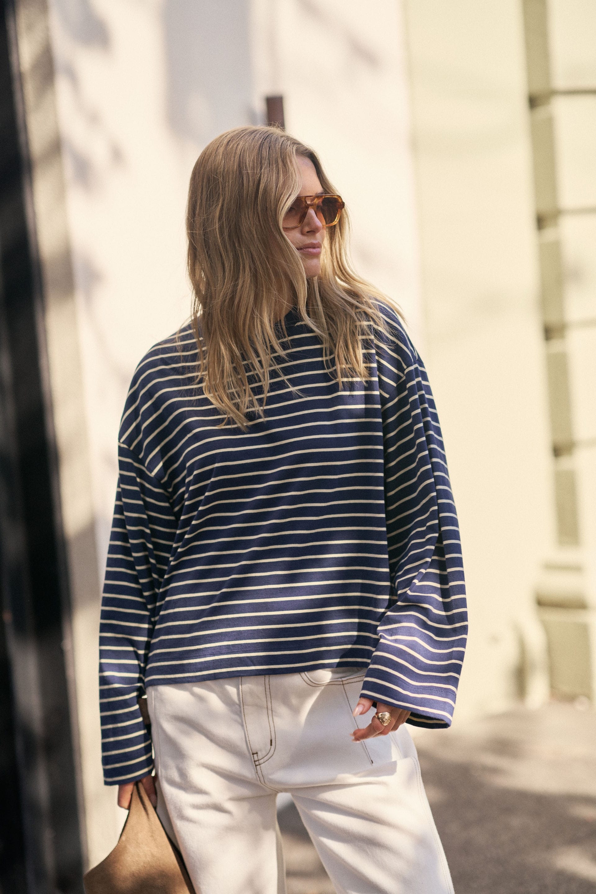 Ceres Life Tops - Long Sleeve Beau Long Sleeve Slouchy Tee - Heritage Navy/Marshmallow Stripe