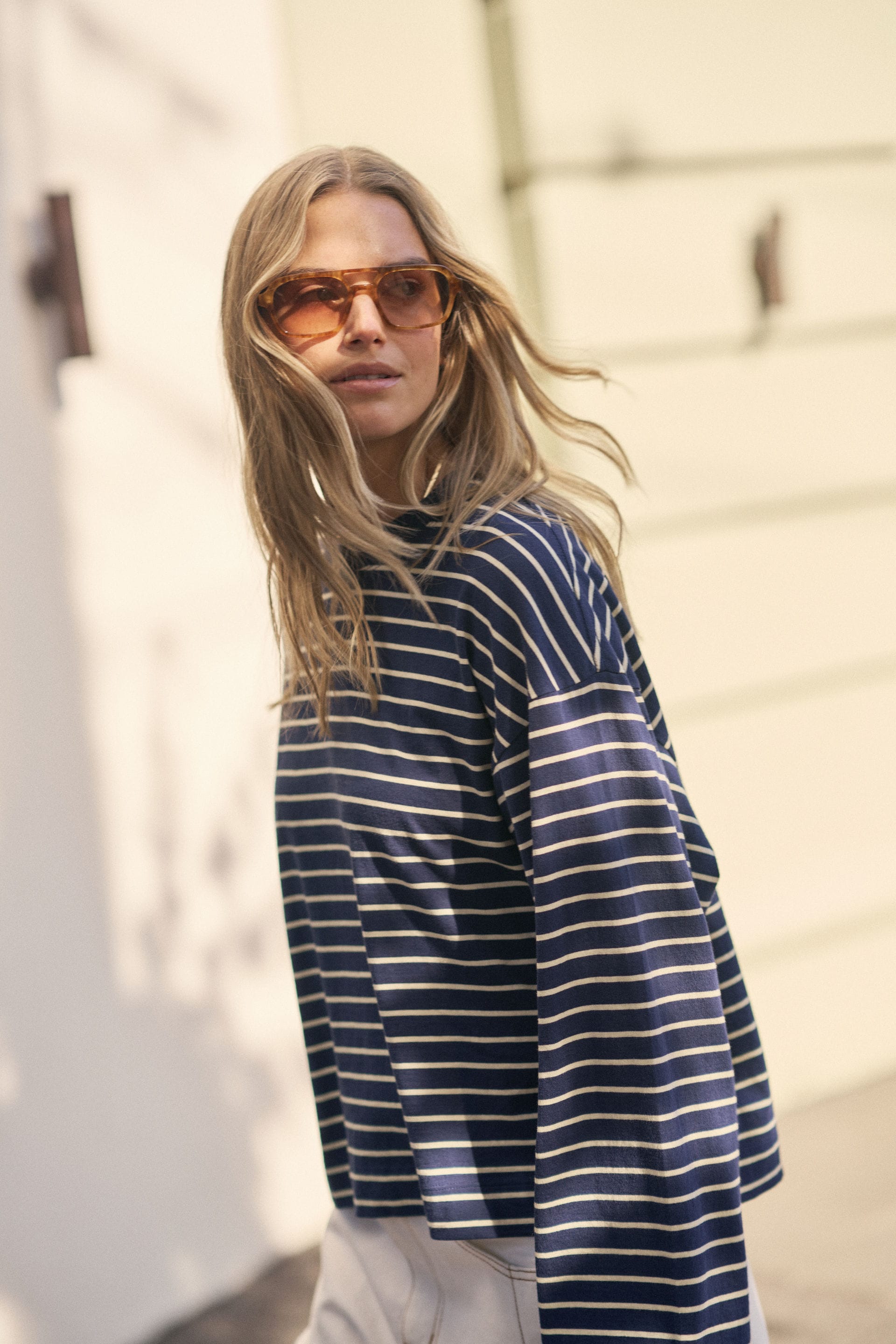 Ceres Life Tops - Long Sleeve Beau Long Sleeve Slouchy Tee - Heritage Navy/Marshmallow Stripe