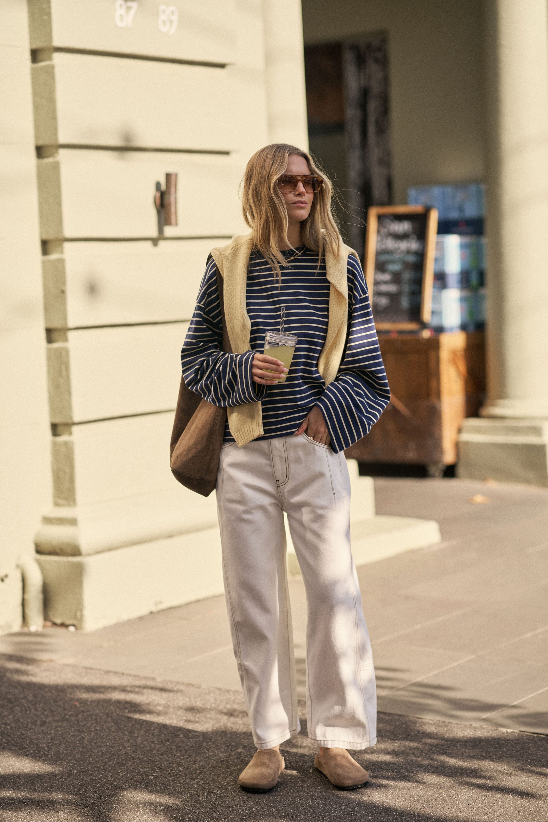 Ceres Life Tops - Long Sleeve Beau Long Sleeve Slouchy Tee - Heritage Navy/Marshmallow Stripe