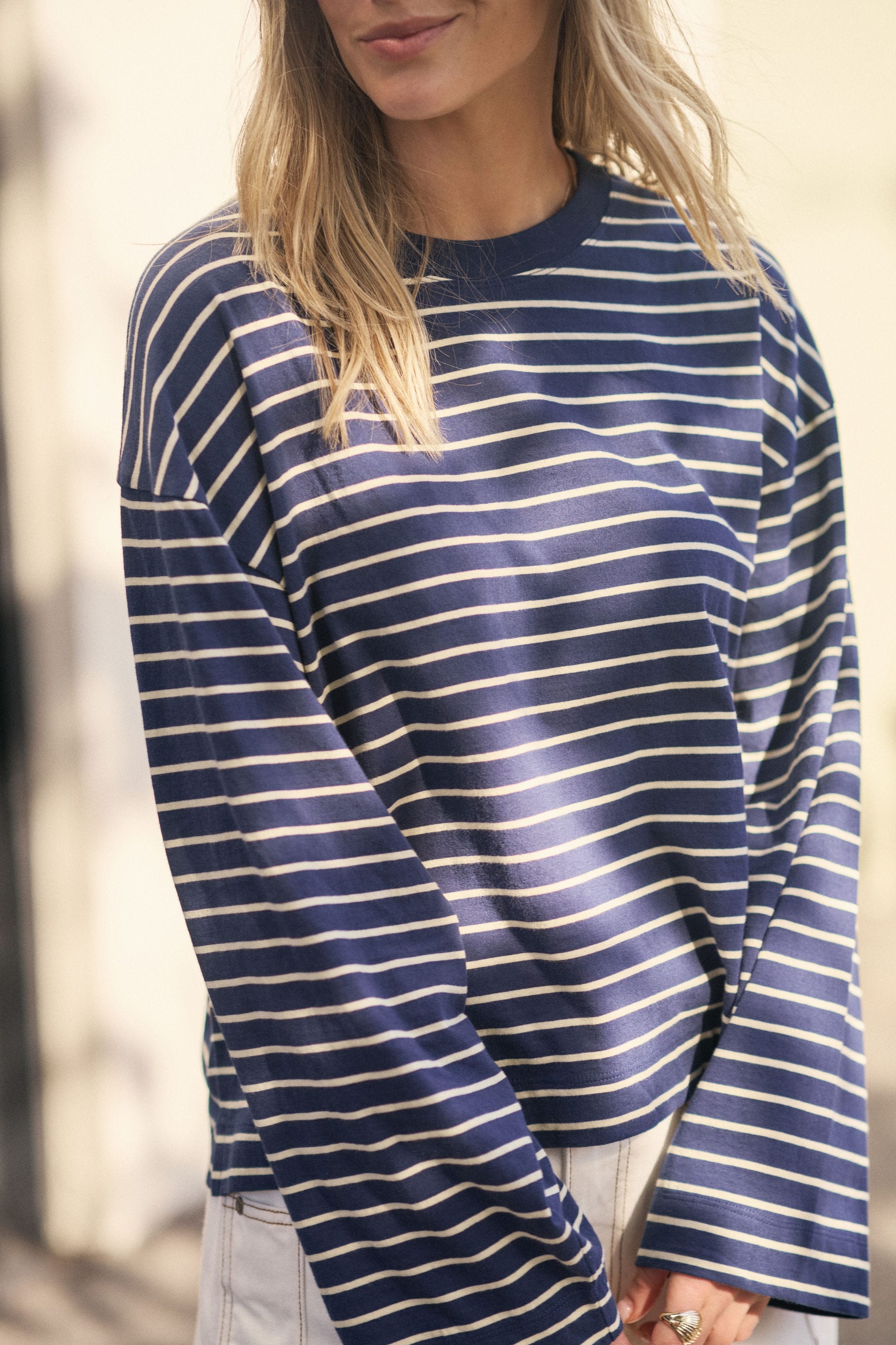 Ceres Life Tops - Long Sleeve Beau Long Sleeve Slouchy Tee - Heritage Navy/Marshmallow Stripe