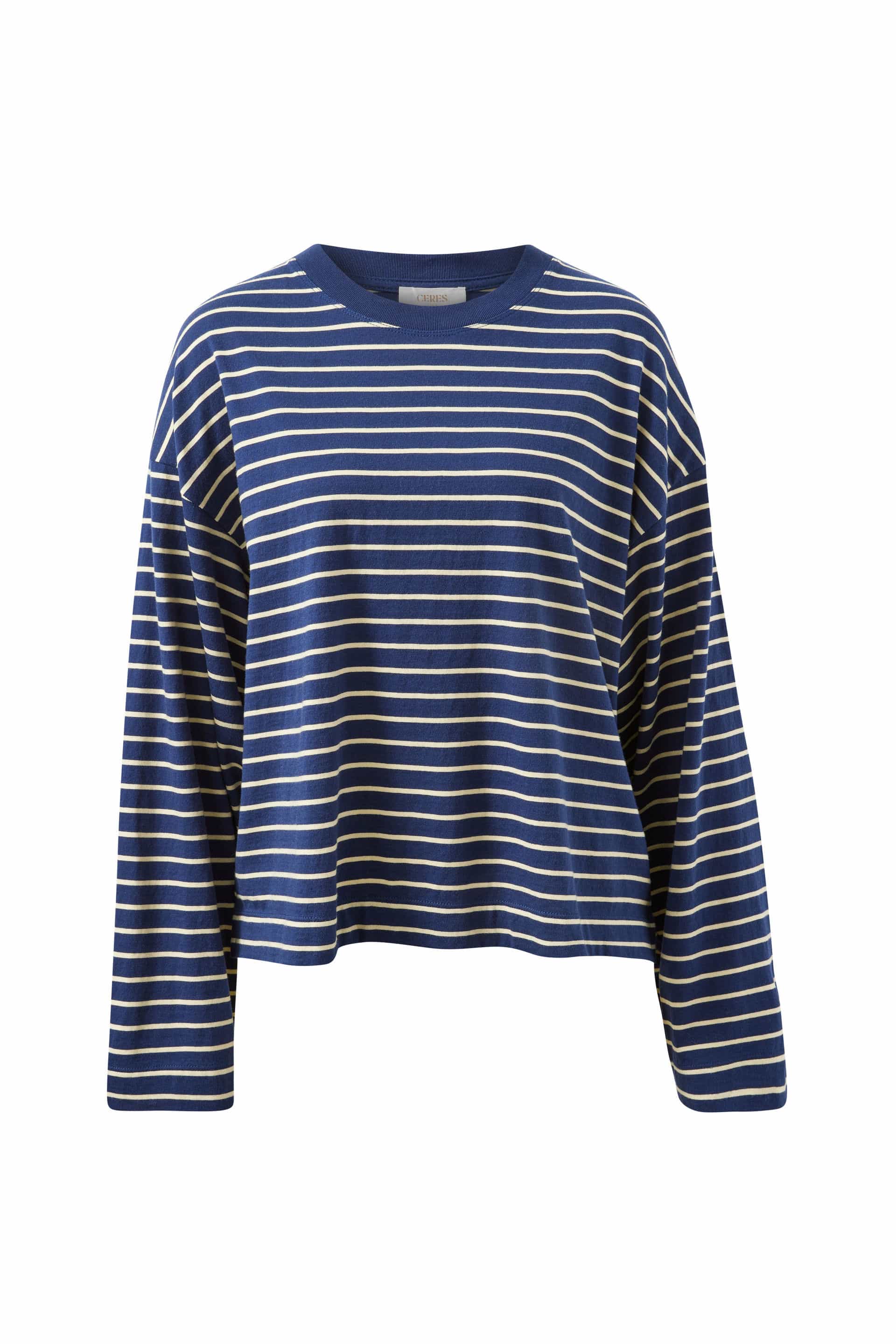 Ceres Life Tops - Long Sleeve Beau Long Sleeve Slouchy Tee - Heritage Navy/Marshmallow Stripe
