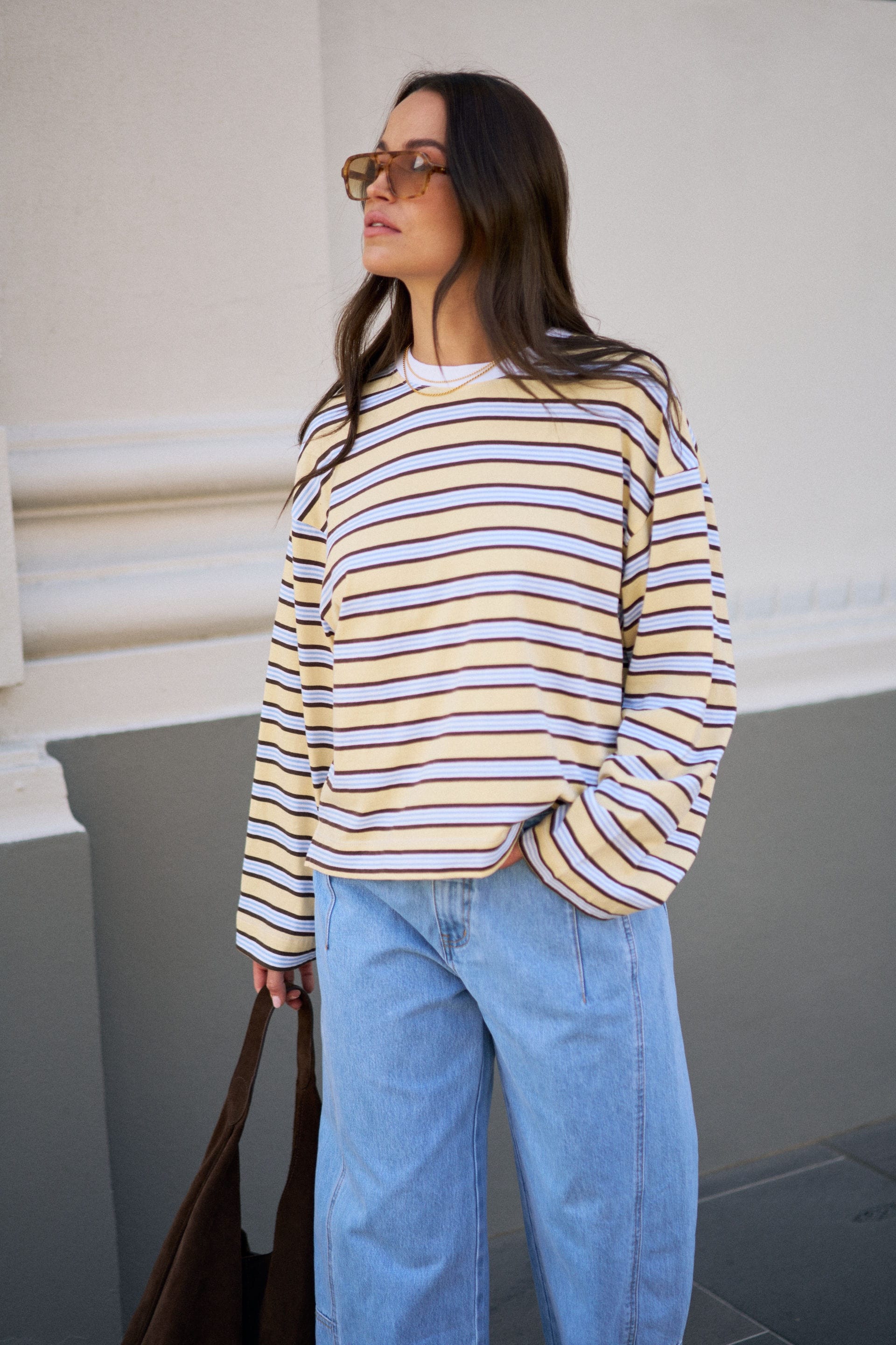 Ceres Life Tops - Long Sleeve Beau Long Sleeve Slouchy Tee - New Butter Brunette Stripe