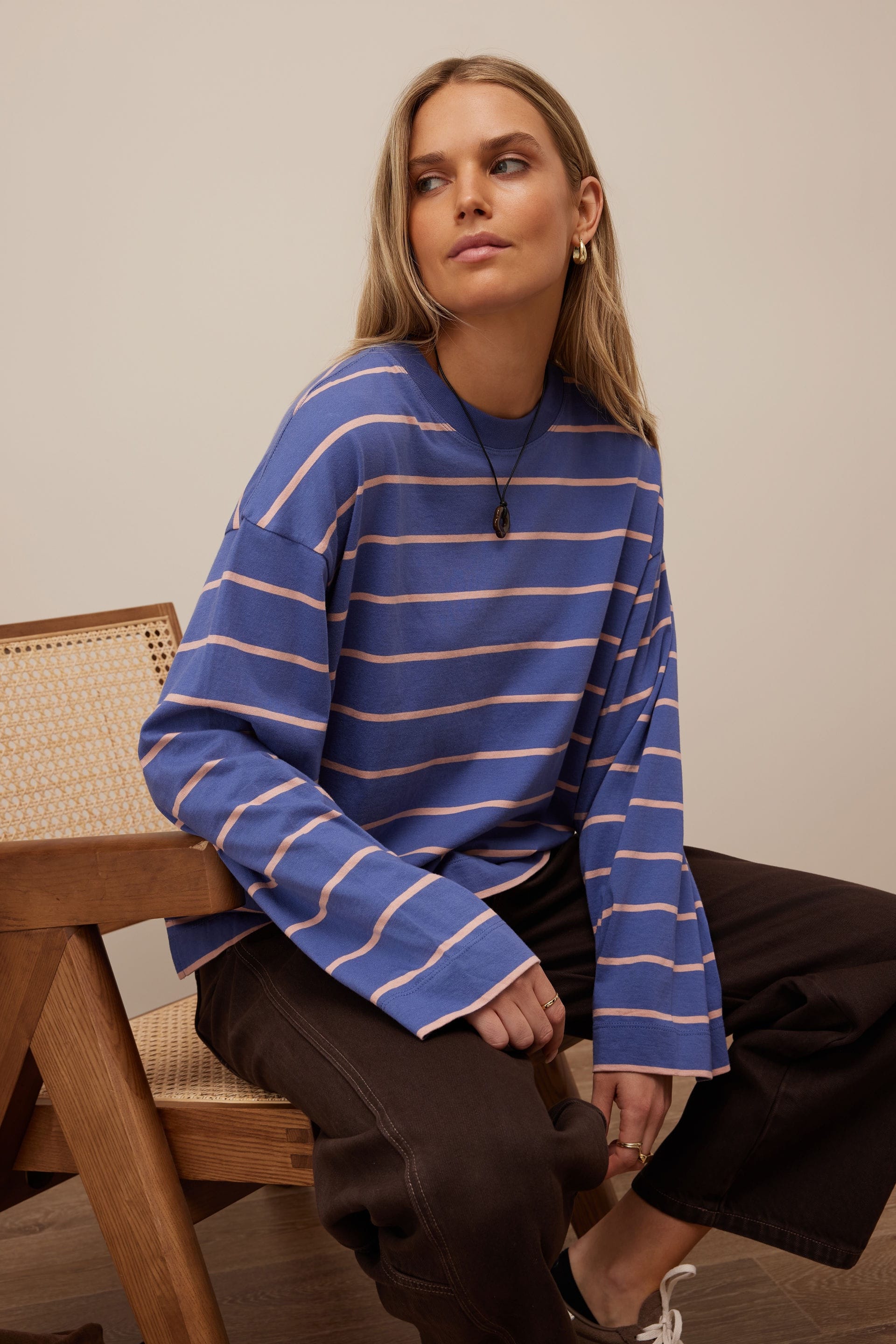 Ceres Life Tops - Long Sleeve Beau Long Sleeve Slouchy Tee - Washed Navy/Pink Clay