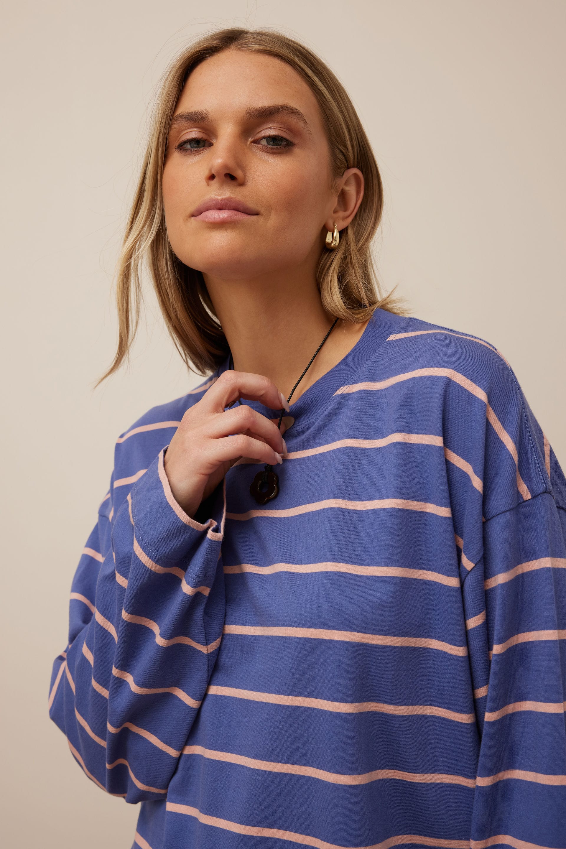 Ceres Life Tops - Long Sleeve Beau Long Sleeve Slouchy Tee - Washed Navy/Pink Clay