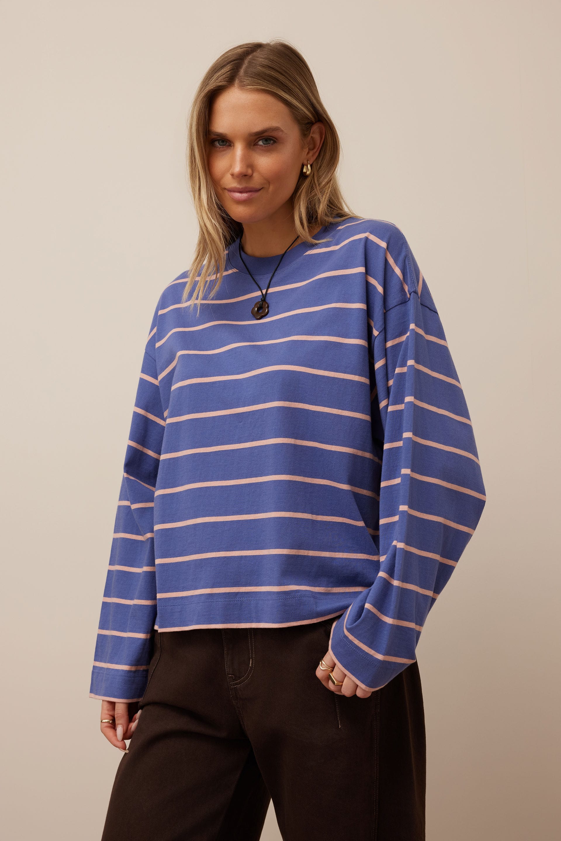 Ceres Life Tops - Long Sleeve Beau Long Sleeve Slouchy Tee - Washed Navy/Pink Clay