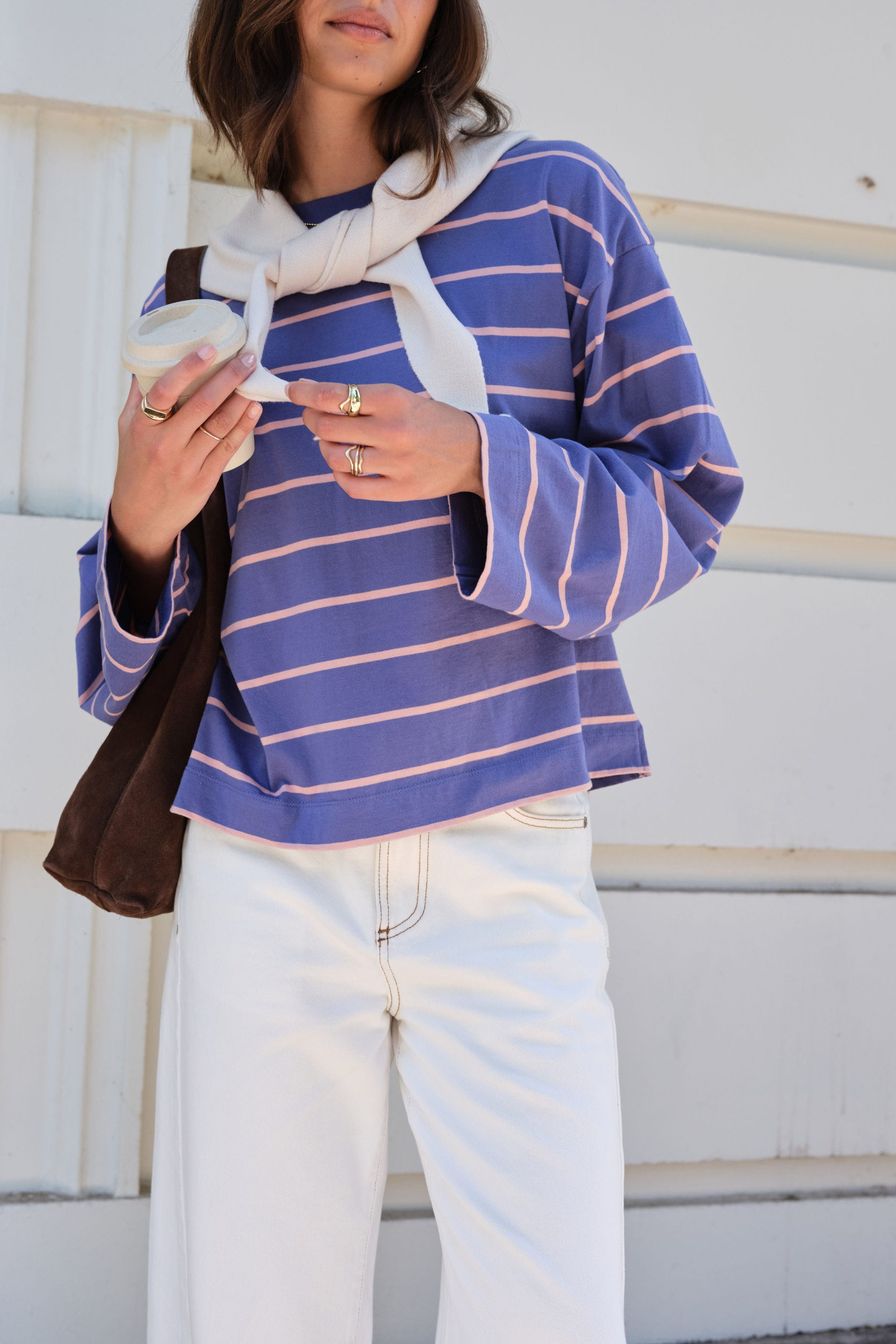 Ceres Life Tops - Long Sleeve Beau Long Sleeve Slouchy Tee - Washed Navy/Pink Clay