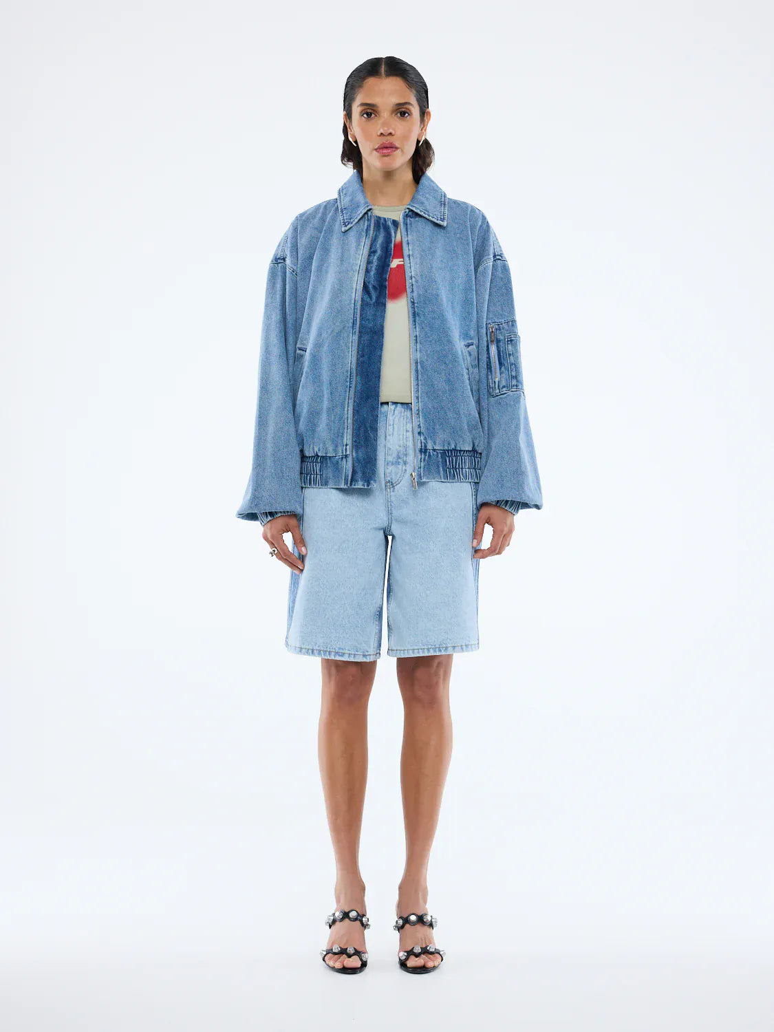 Ena Pelly Jackets Harlow Denim Bomber - Mid  Blue Wash