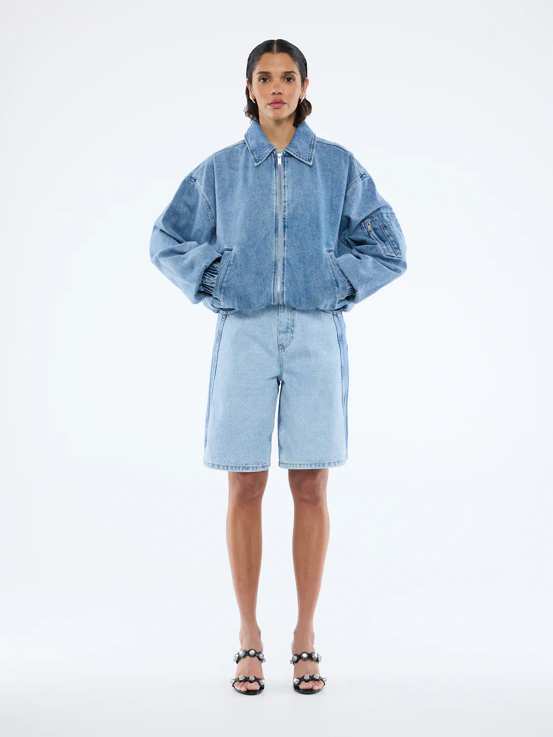 Ena Pelly Jackets Harlow Denim Bomber - Mid  Blue Wash