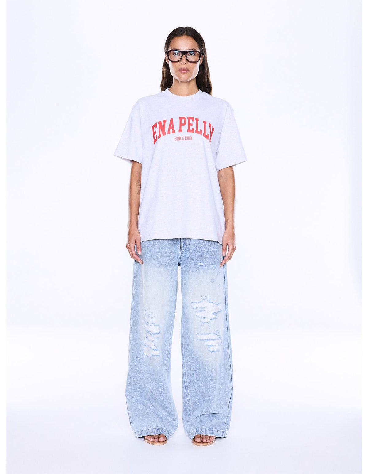 Ena Pelly Tees Sophia Relaxed Tee - White Marle/Red