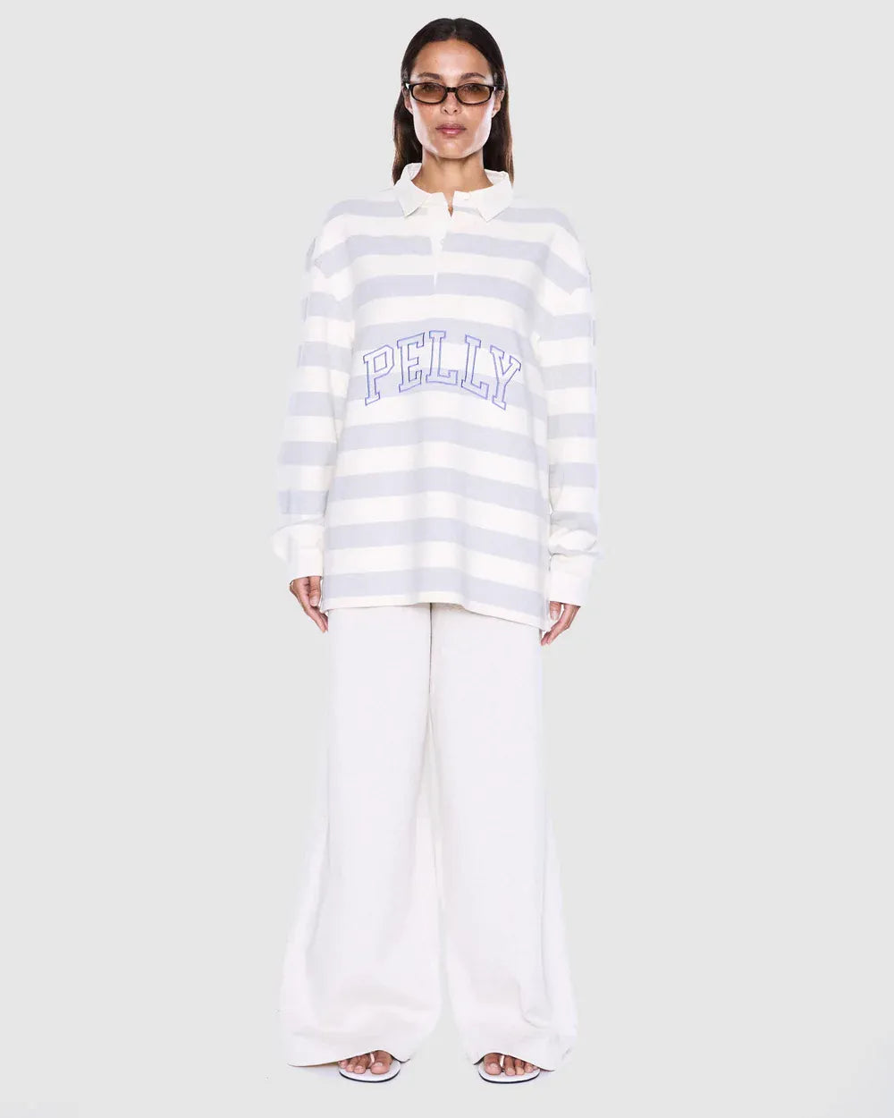 Ena Pelly Tops - Long Sleeve Mel Panelled Polo - Vintage White