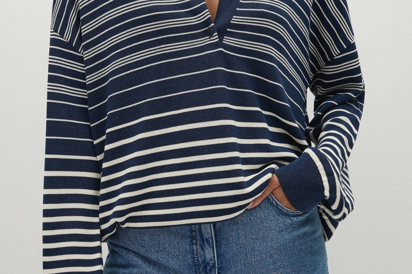 Faithful The Brand Tops - Long Sleeve Faithful The Label | Harlow Oversized Polo - Scandi Stripe/Navy Cream