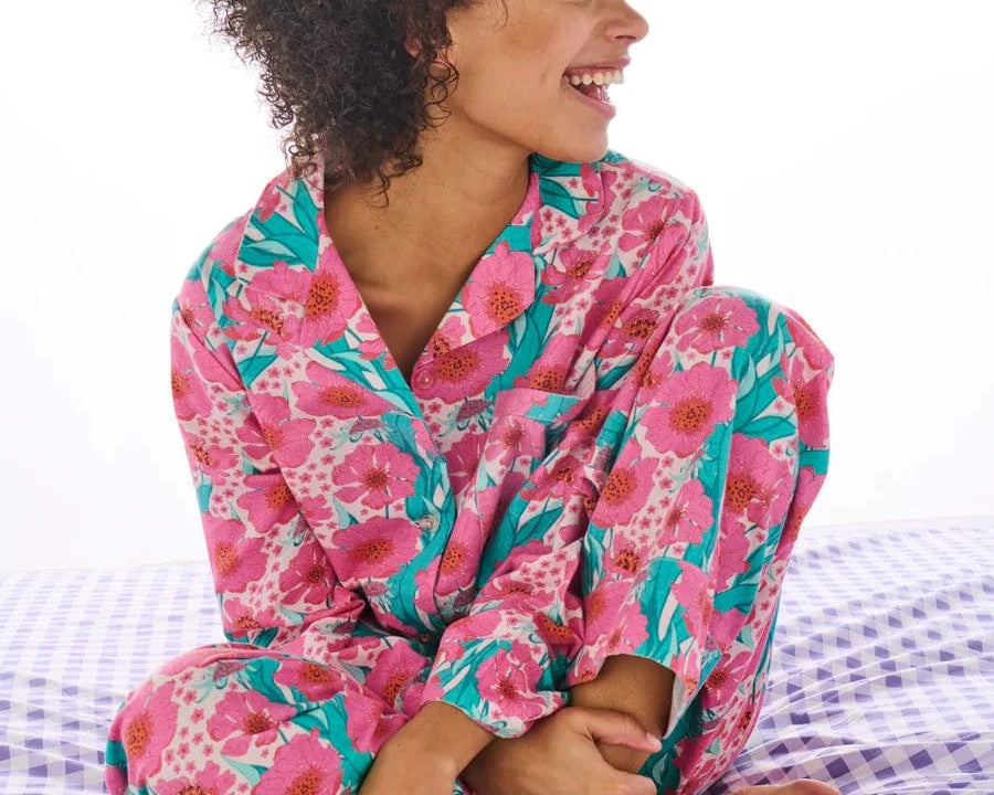 Kip & Co Sleepwear Flannelette Long Sleeve  shirt PJ Set - Tumbling Flowers Pink