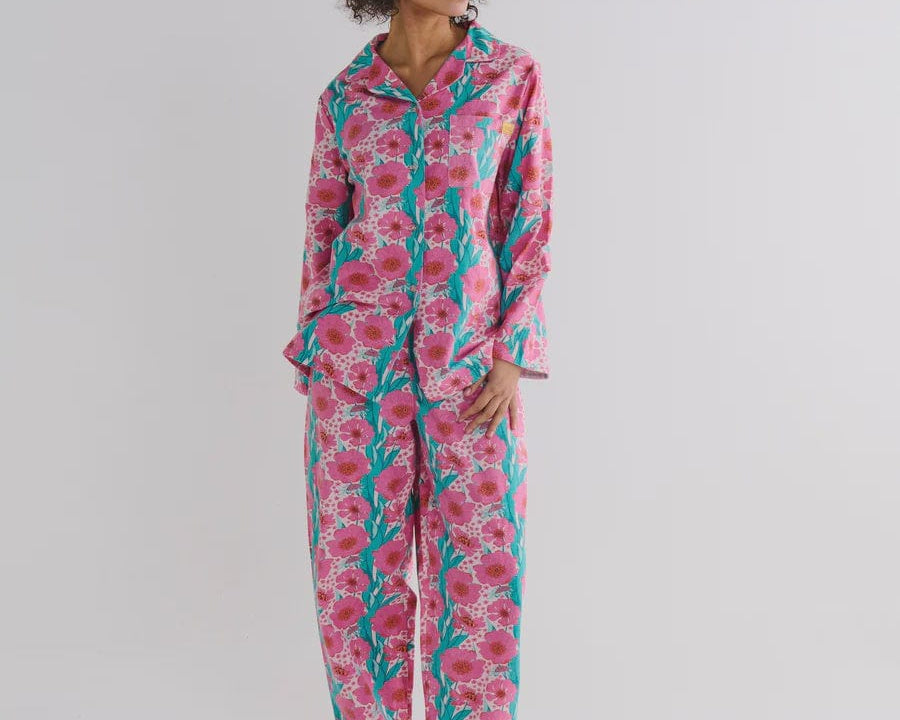 Kip & Co Sleepwear Kip & Co | Flannelette Long Sleeve  shirt PJ Set - Tumbling Flowers Pink