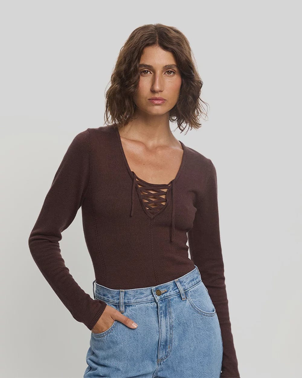 Kivari Tops - Long Sleeve Kivari | Malia Knit Top - Chocolate