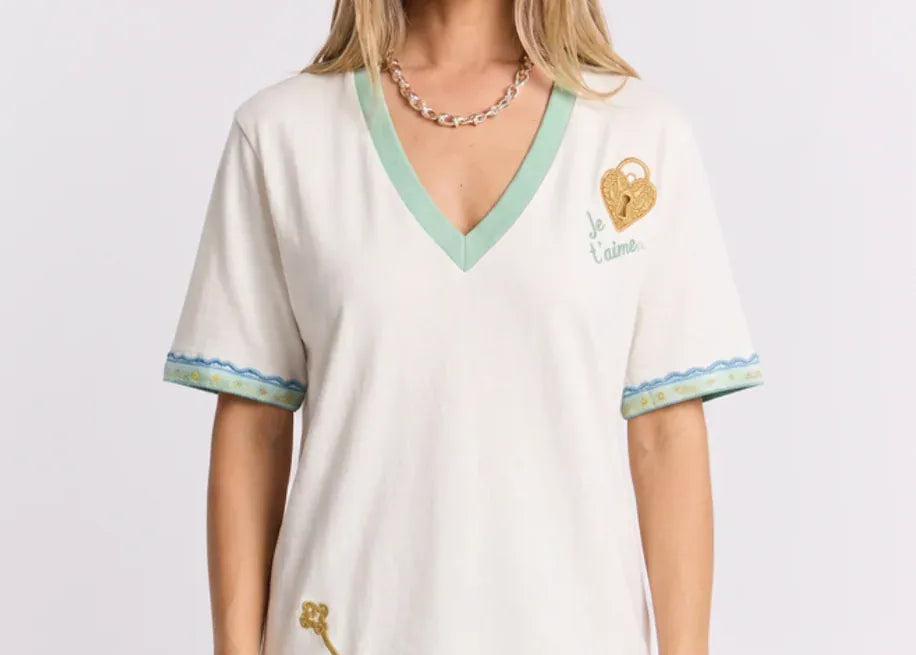 Maku Tees Love Lock V Neck Tee - Ecru White