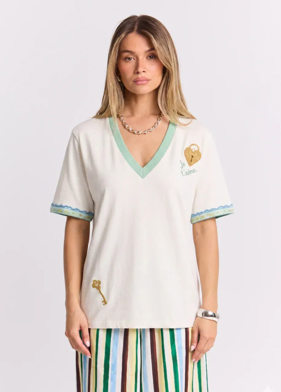 Maku Tees Love Lock V Neck Tee - Ecru White