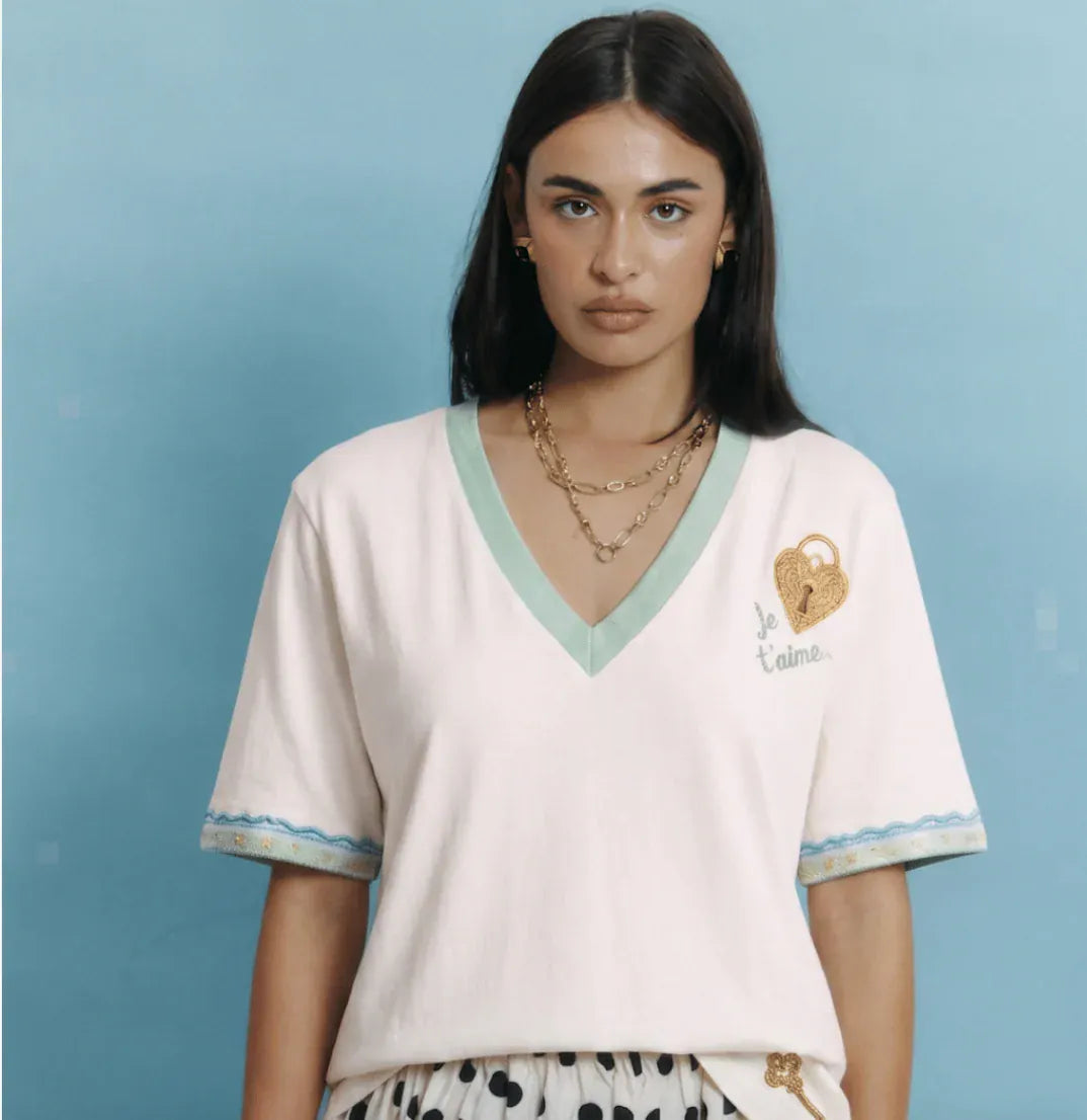 Maku Tees Love Lock V Neck Tee - Ecru White
