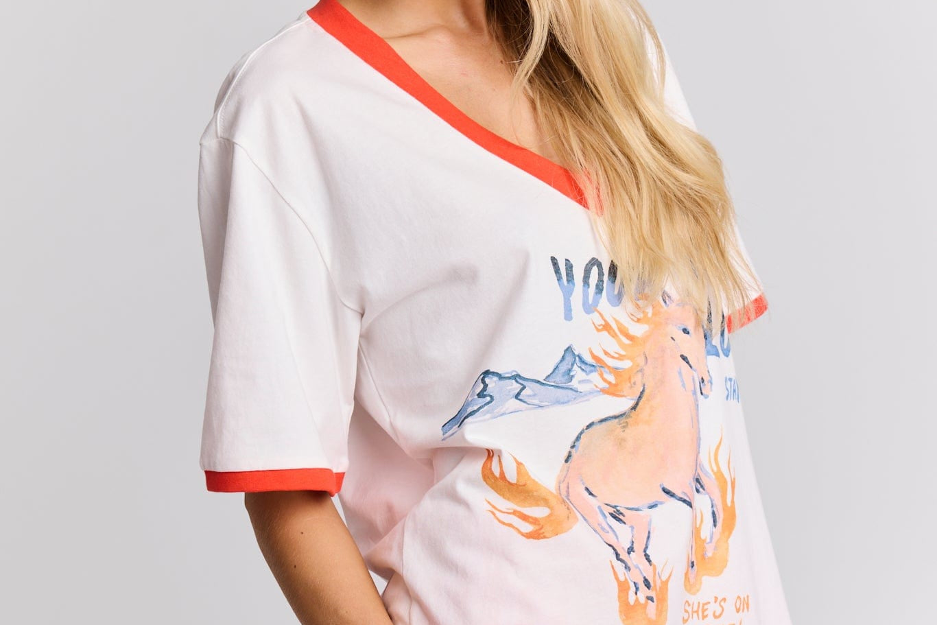 Maku Tees She's on Fire V-Neck Tee - White and Orange