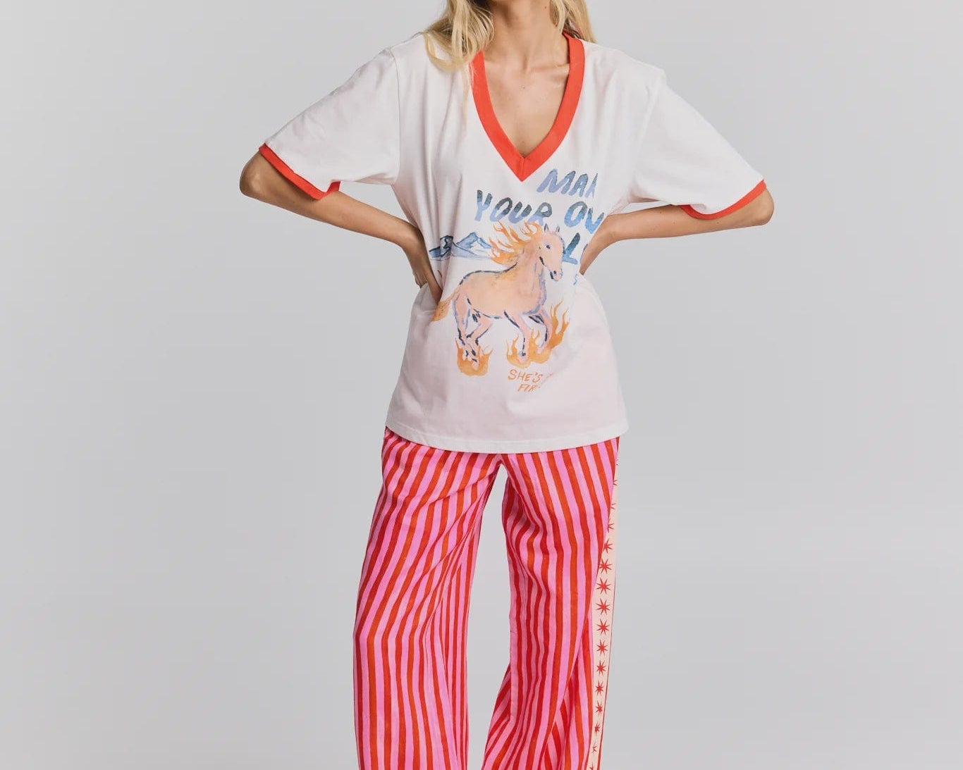 Maku Tees She's on Fire V-Neck Tee - White and Orange